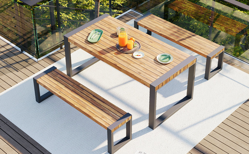 3 Pieces Outdoor Dining Table With 2 Benches, Patio Dining Set With Unique Top Texture, Acacia Wood Top & Steel Frame, All Weather Use, For Outdoor & Indoor, Natural No Acacia Wood Garden & Outdoor