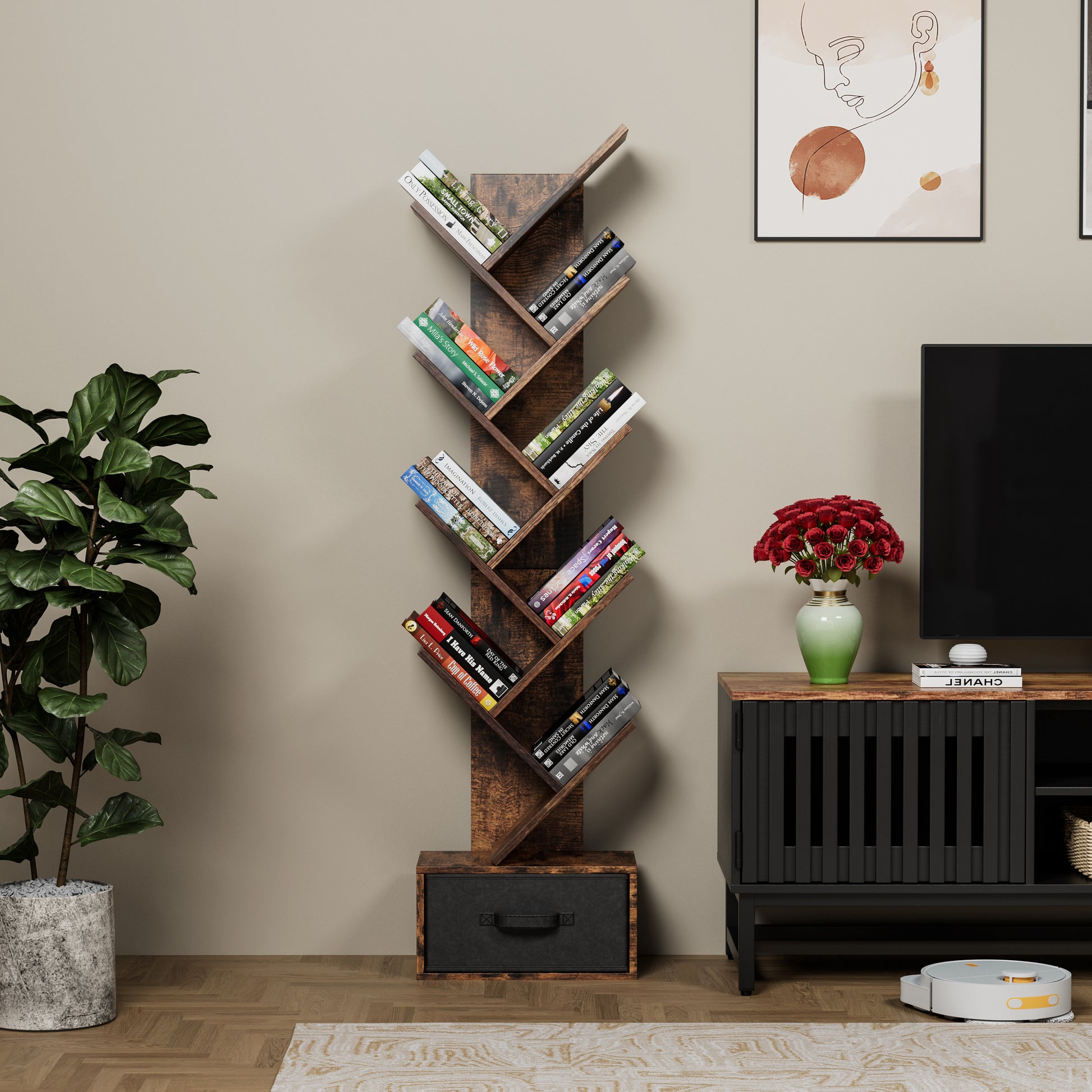 9 Tier Tree Bookshelf With Drawer Bookcase, Modern Book Storage, Free Standing Tree Bookcase, Utility Organizer Shelves For Home Office, Living Room, Bedroom, Rustic Brown Deep Rustic Brown Metal