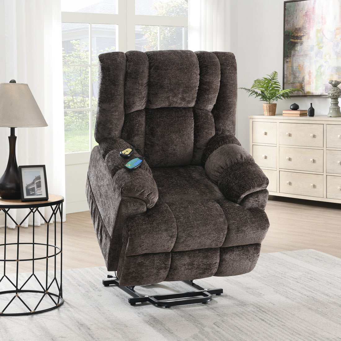 Brown Power Lift Recliner With Heating And Massage Brown Chenille Power Remote Metal Primary Living Space Tight Back Push Button Pillow Top Arms Chenille