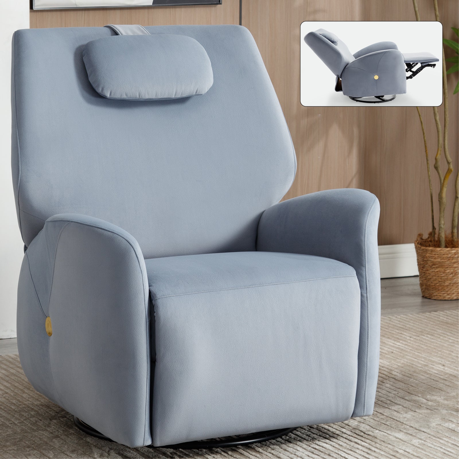 Blue Swivel And Rocker Power Recliner Chair With Lumbar And Neck Support Pillow, Max Swivel Degree 270 , Heavy Duty Motion Mechanism With Usb And Type C Ports Blue Polyester Power Push Button Metal Primary Living Space Medium Firm Tight Back Heavy Duty