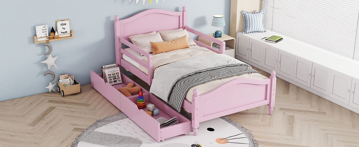 Twin Size Wood Platform Bed With Guardrails On Both Sides And Two Storage Drawers ,Pink Twin Pink Wood