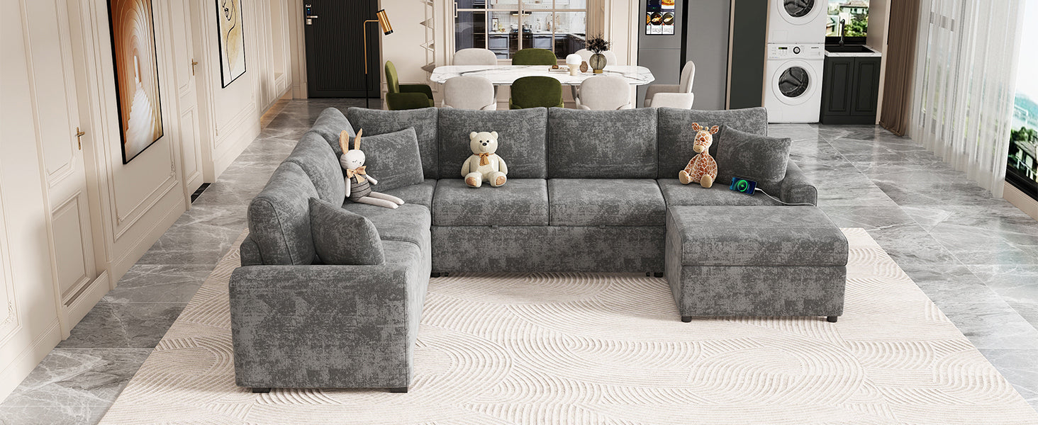 112.2" Sectional Sofa Pull Out Sofa Bed Sleeper With A Storage Ottoman,Three Pillows And Charging Devices For Living Room, Grey Grey Foam Chenille 6 Seat