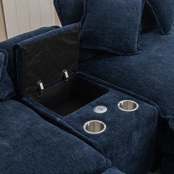 112.6" Sectional Sofa Chenille Upholstered Sofa With Two Removable Ottoman, Two Usb Ports, Two Cup Holders And Large Storage Box For Living Room, Blue Blue Foam Chenille 2 Seat