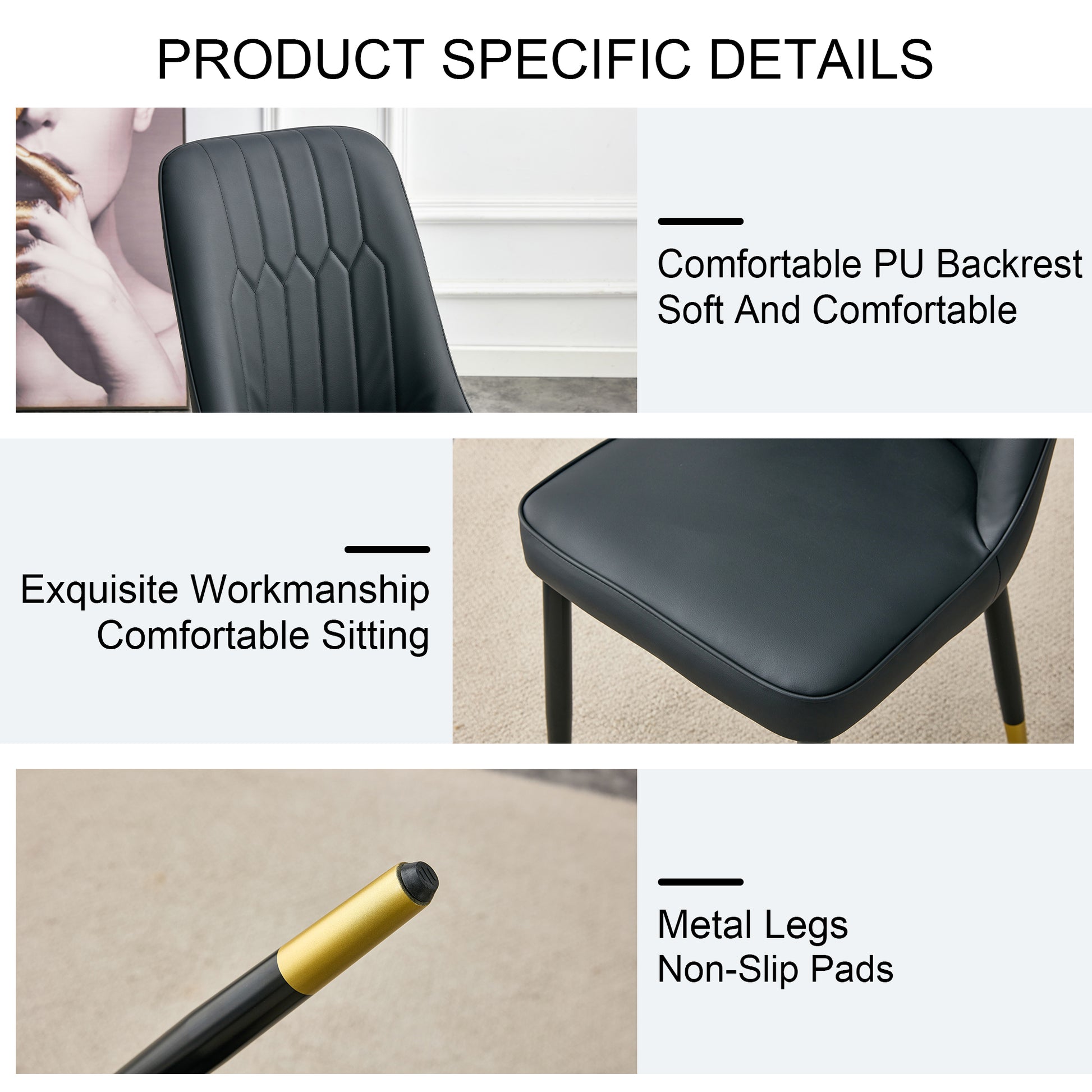 Large Modern Minimalist Rectangular Dining Table With 0.39 "Imitation Marble Black Desktop And Gold Metal Legs, Paired With 8 Chairs With Pu Cushions And Black Metal Legs.F 1538 C 007 Black Gold Glass Metal