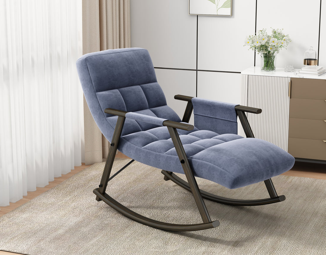 Casual Folding Rocking Chair Upholstered, Lounge Rocking Chair Adjustable High Back And Foot Rest,Side Pockets Placed In Living Room Bedroom Balcony Blue Velvet