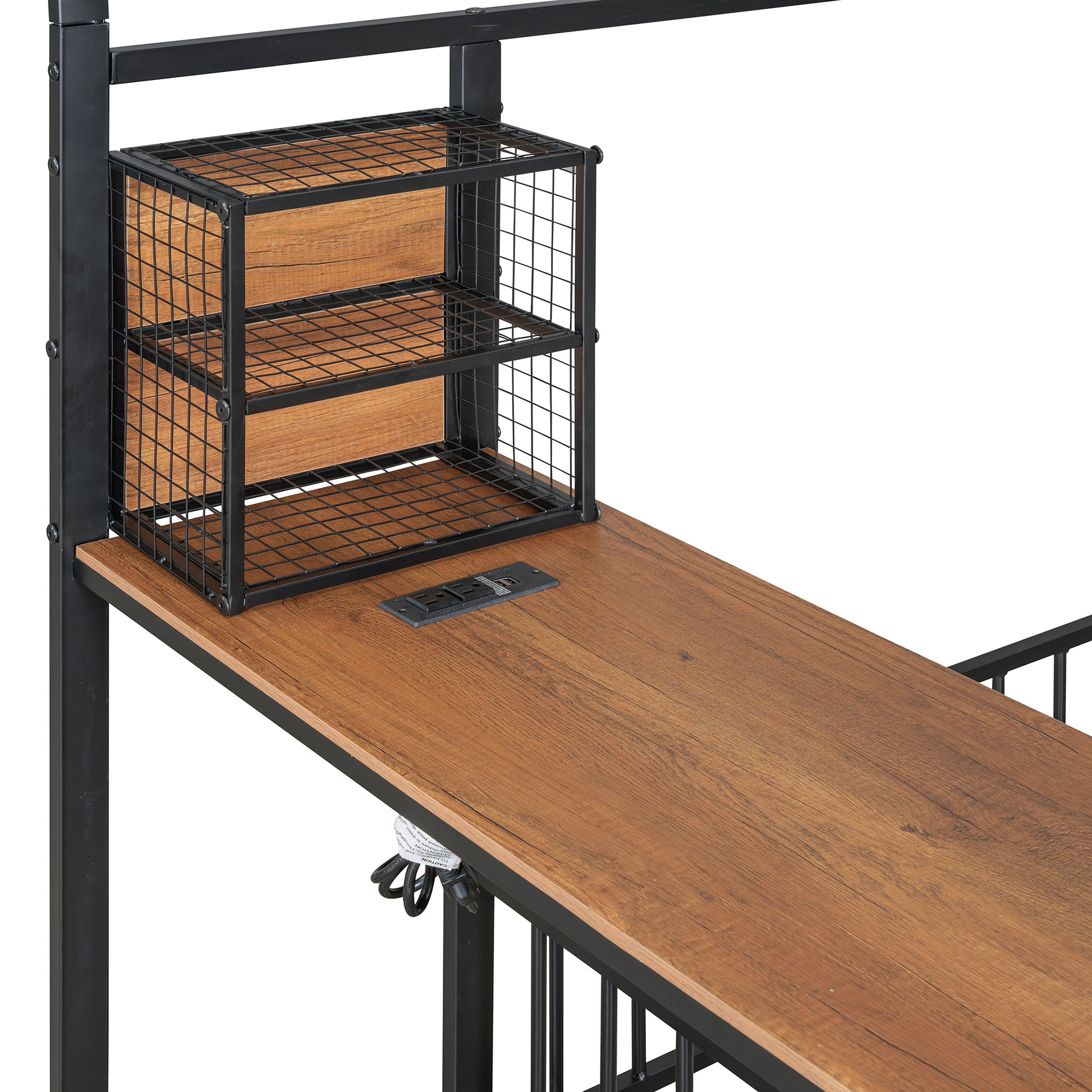 Twin Size Metal Bed House Bed Frame With Desk, Shelves, Power Outlets And Usb Ports, Black Twin Black Metal