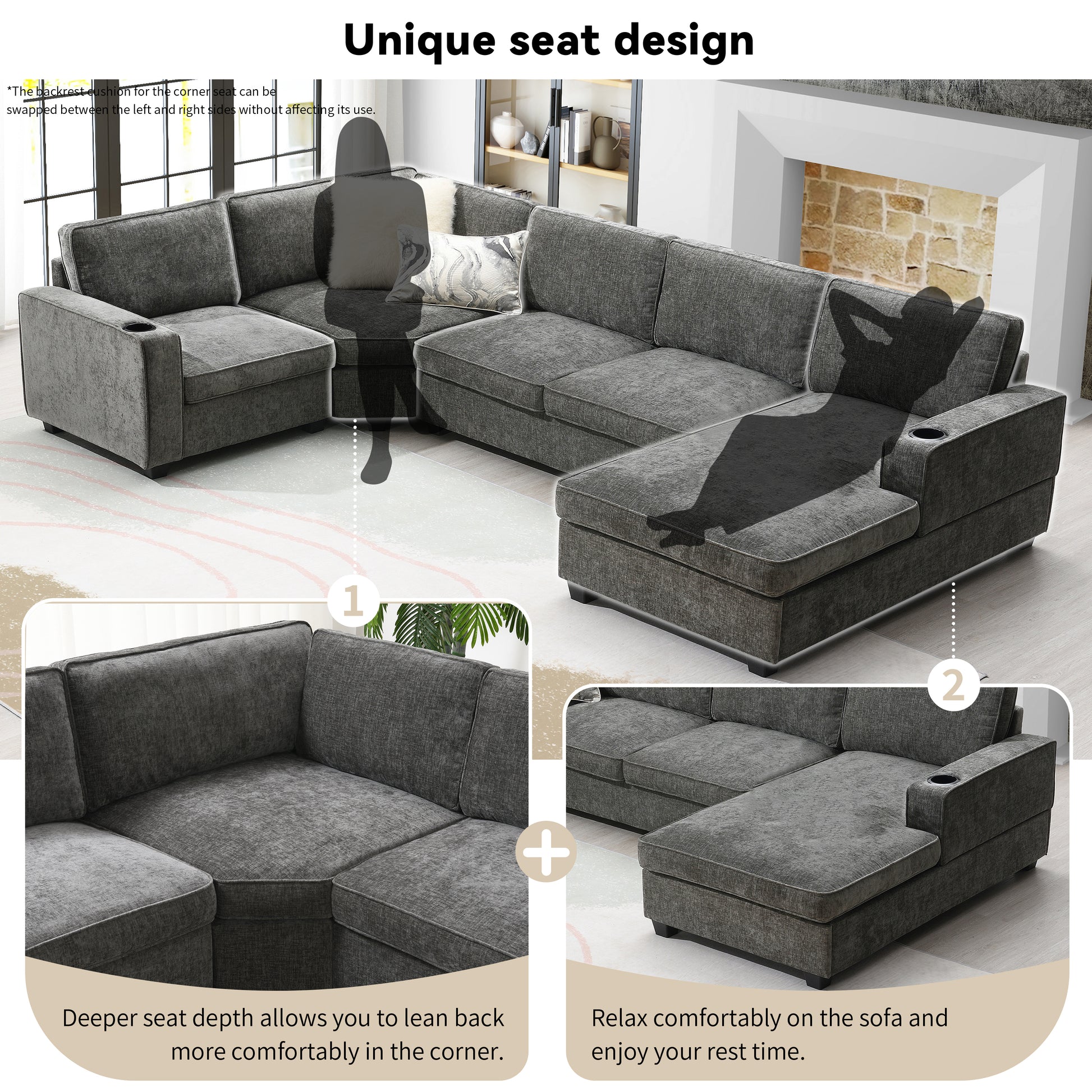 119*67" U Shaped Sectional Sofa,6 Seat Chenille Couch Set With Oversized Chaise Lounge,Irregular Corner,Deep Seat Comfy Sofa With Cup Holders For Living Room,Apartment,2 Colors Dark Gray Chenille 6