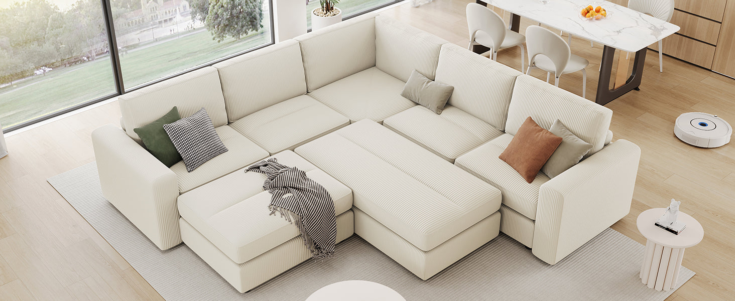 121.3" Sectional Couch Sofa Bed Modular Sofa With Two Movable Ottomans For Living Room Old Sku:N719S001640A , Beige Beige Foam Corduroy 7 Seat