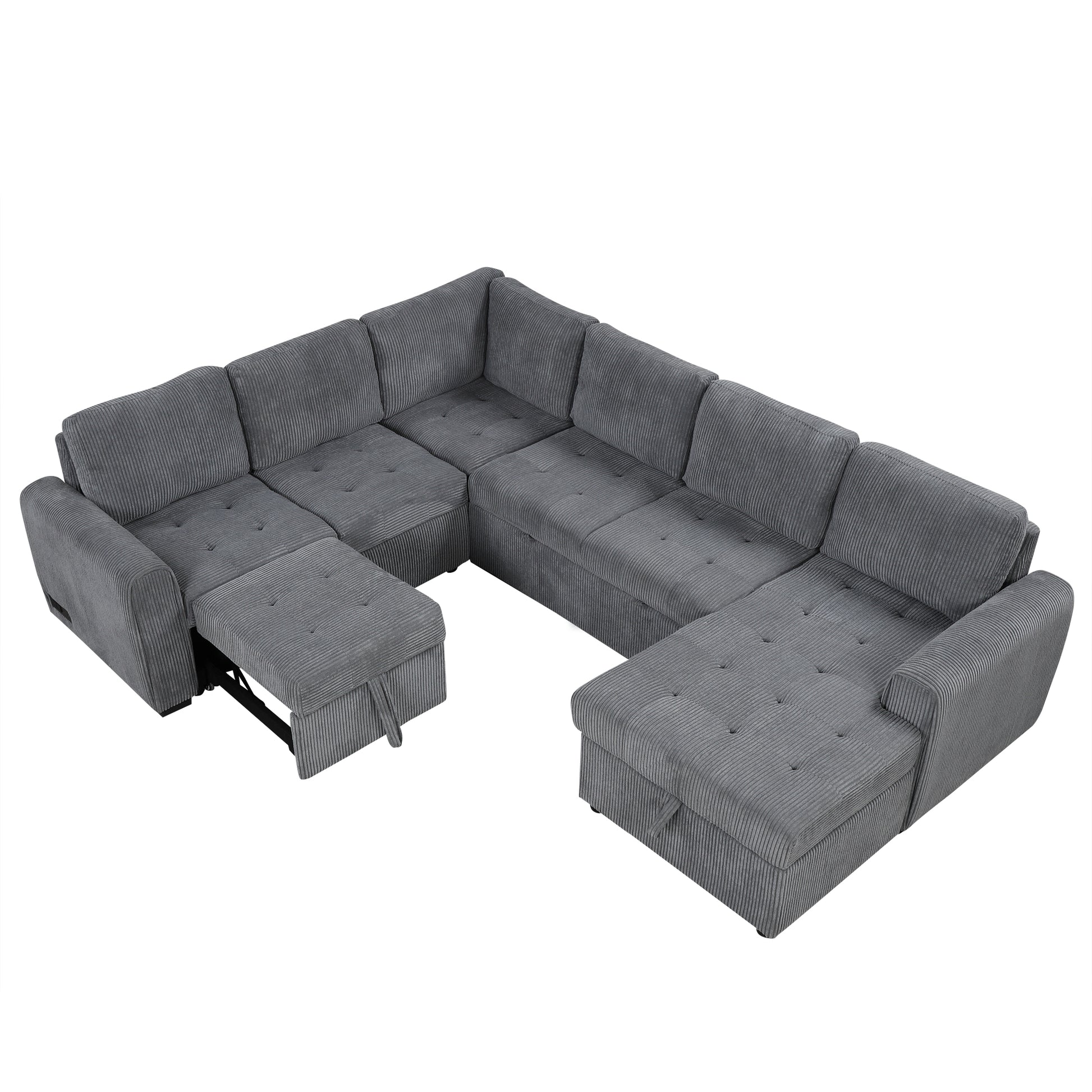 107.5" U Shaped Sofa Sectional Sofa Pull Out Sofa Bed With A Storage Chaise Lounge, Charging Devices For Living Room, Gray Gray Foam Corduroy 5 Seat