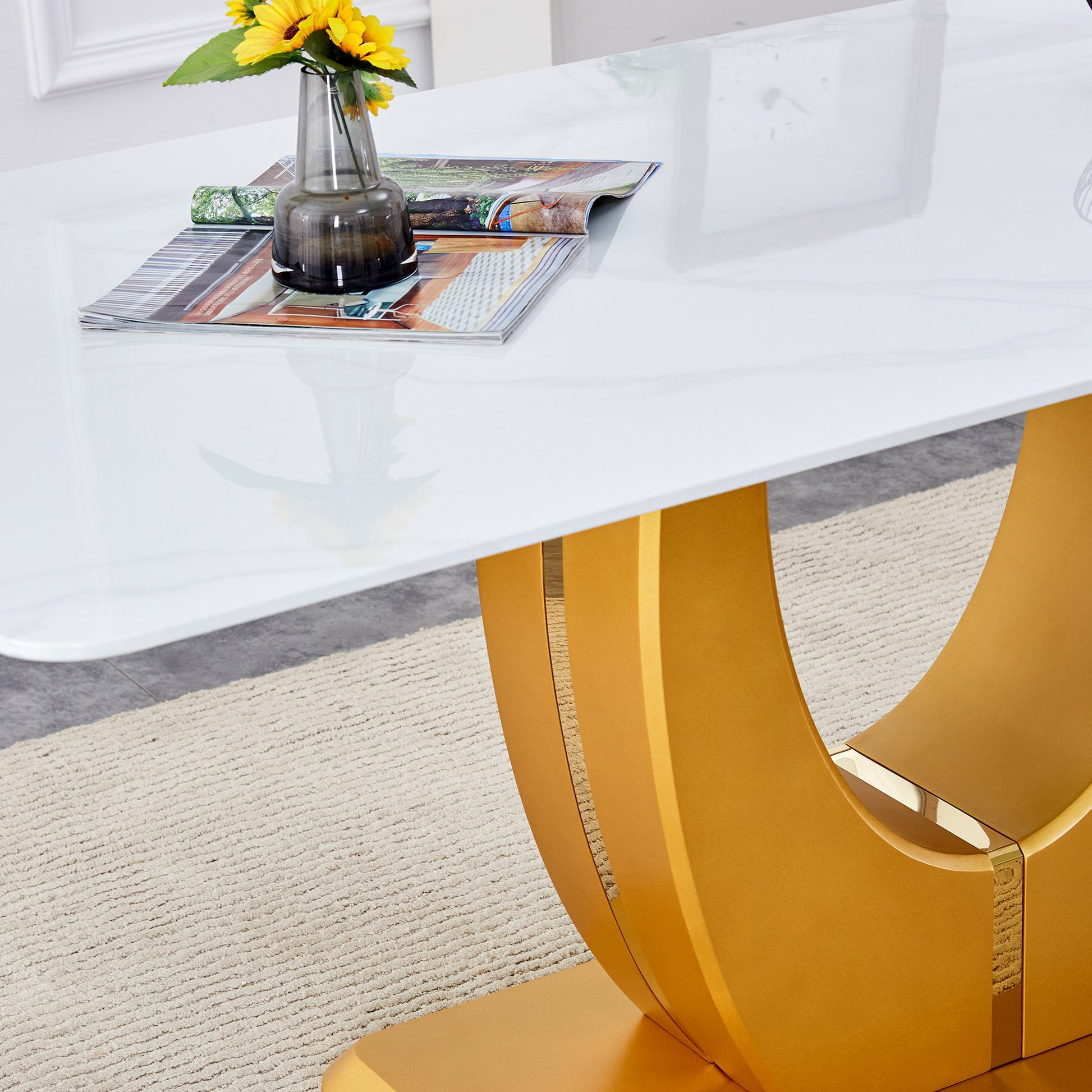 Modern Simple Luxury White Imitation Marble Decorative Glass Dining Table, Golden Legs, Rectangular Desk. A Computer Desk. Games Table, Dining Room, Living Room, Terrace, Kitchen. Gold White Mdf