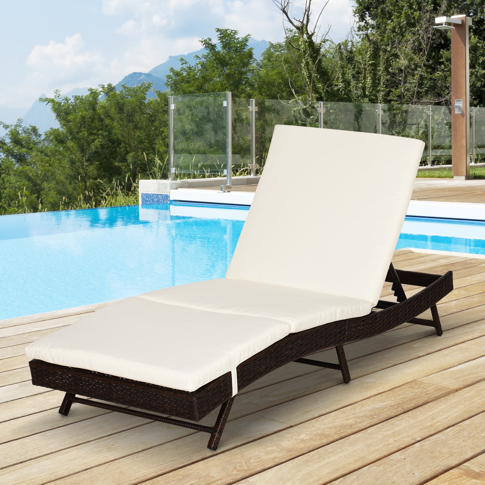 Outsunny Patio Chaise Lounge, Pool Chair With 5 Position Adjustable Backrest & Cushion, Outdoor Pe Rattan Wicker Sun Tanning Seat, 78.75" X 28" X 35", Coffee Dark Coffee Beige Steel