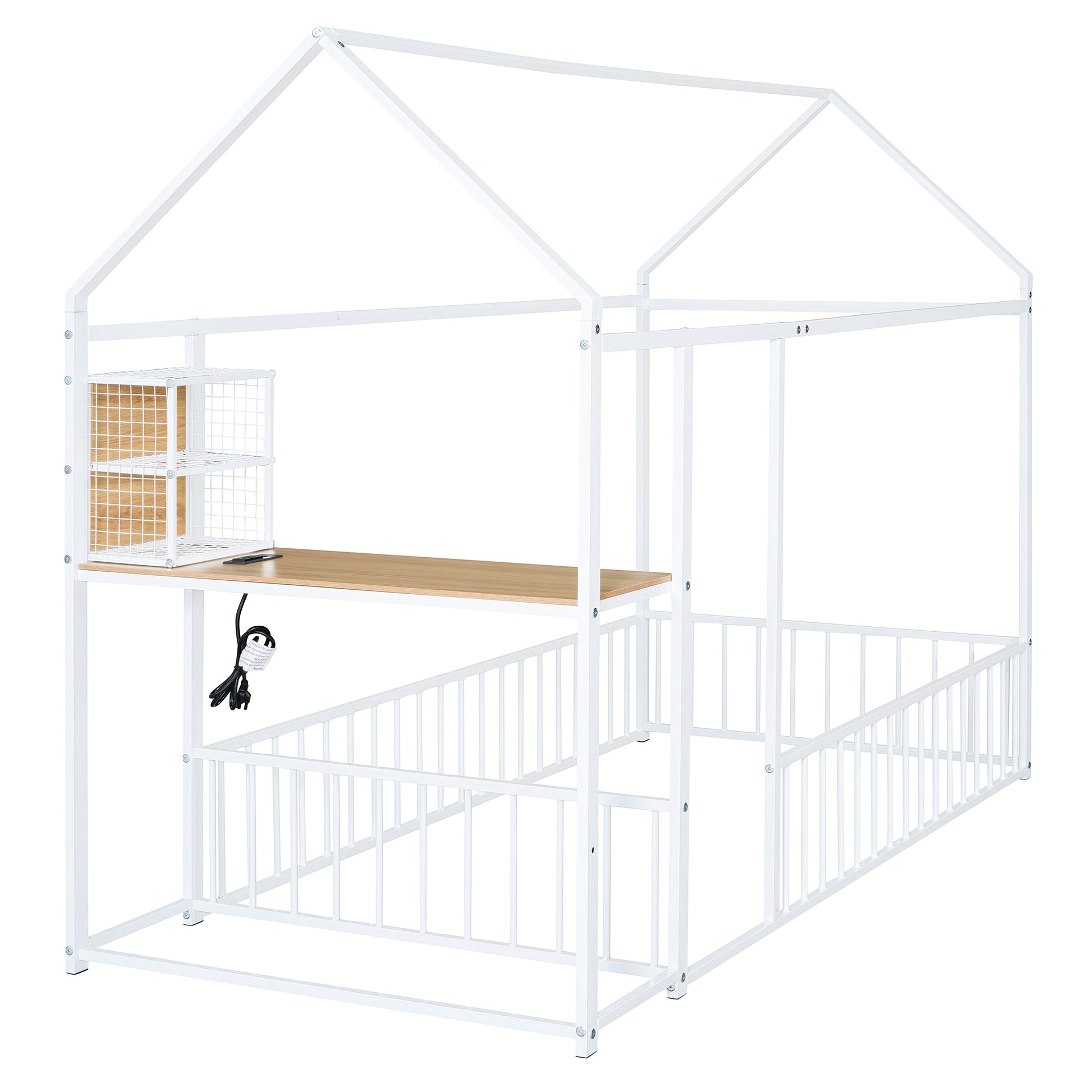 Twin Size Metal Bed House Bed Frame With Desk, Shelves, Power Outlets And Usb Ports, White Twin White Metal