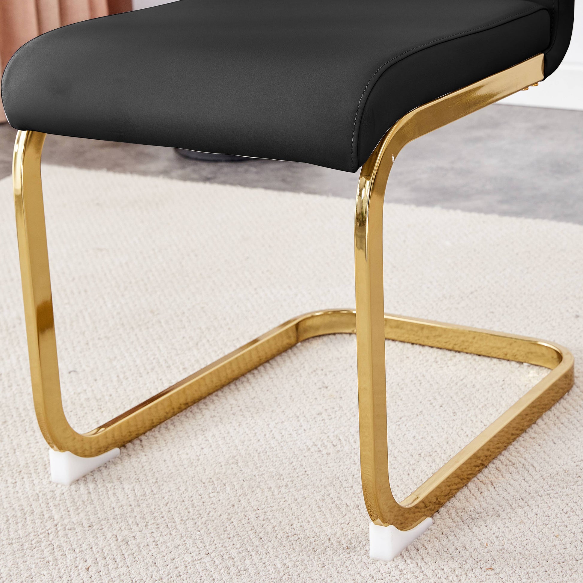 Table And Chair Set.Modern Rectangular Dining Table With Black Textured Stickers Glass Tabletop And Gold Plated Metal Legs.Paried With 6 Comfortable Chairs With Pu Seats And Golden Metal Legs. Black Gold Seats 6 Glass Metal