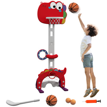 Qaba 5 In 1 Kids Basketball Hoop, Toddler Sports Activity Center, 5 Level Adjustable Height Basketball Goal With Soccer, Golf, Ring Toss & Throw Ball Game For Boys Girls 3 6 Years Indoor, Red Red Plastic