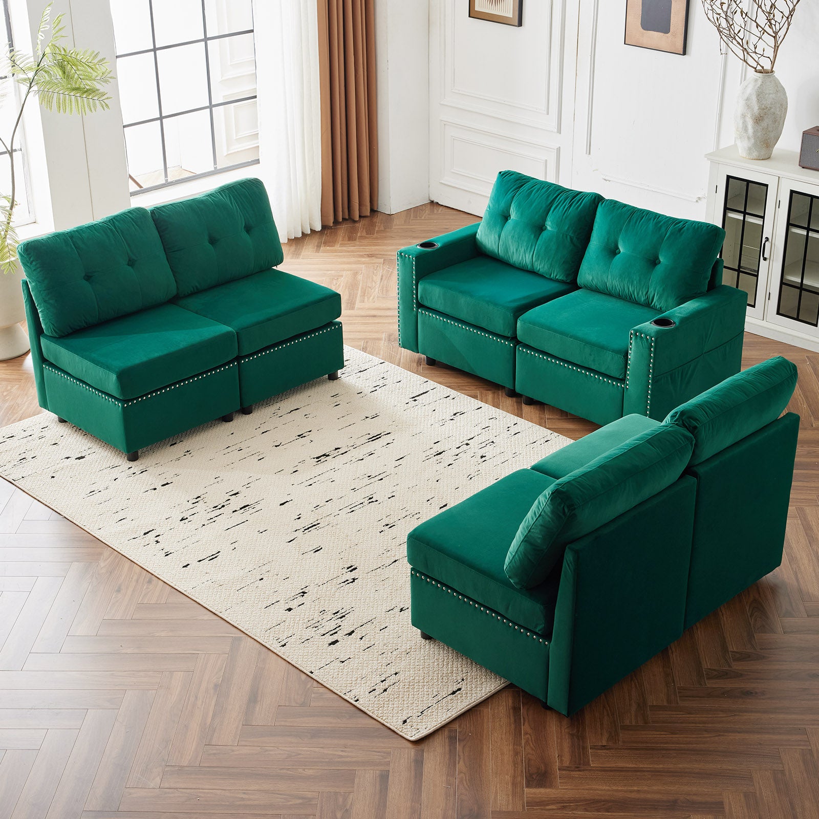 Velvet Modular Combination Sofa With Storage, Living Room Combination Sleeper Sofa Green Green Wood Primary Living Space Cushion Back Extra Heavy Duty Modern Foam Velvet 6 Seat