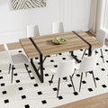 Table And Chair Set, Textured Top In Vintage Wood Color, Black Metal Legs. Dining Chair With White Faux Leather Backrest Cushion With Black Metal Legs. Wood Seats 6 Mdf Metal
