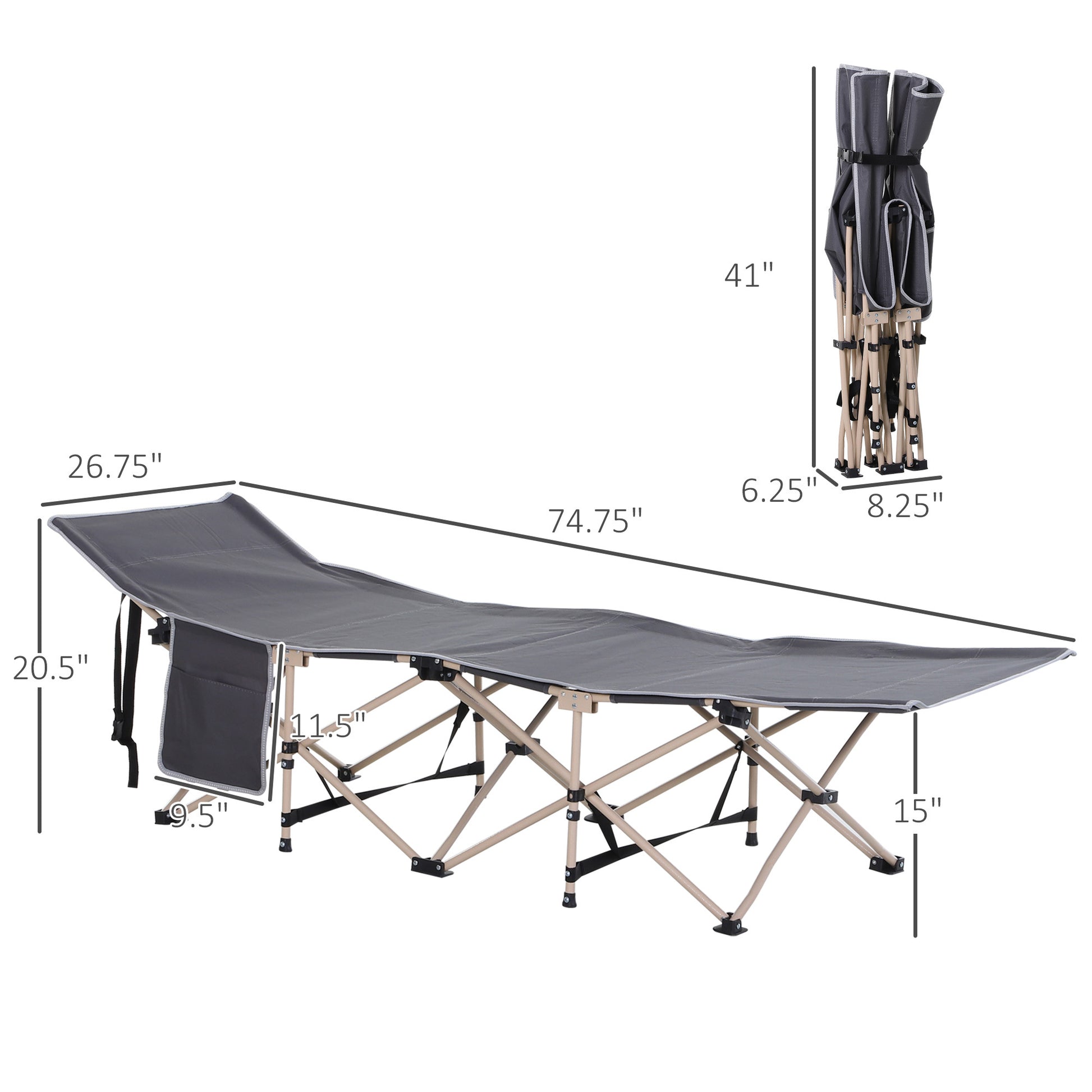 Outsunny Folding Camping Cot For Adults With Carry Bag, Side Pocket, Outdoor Portable Sleeping Bed For Travel, Camp, Vacation, 330 Lbs. Capacity, Gray Grey Steel