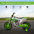 Aosom 12V Kids Motorcycle Dirt Bike Electric Battery Powered Ride On Toy Off Road Street Bike With Charging Battery, Training Wheels Green Green Plastic