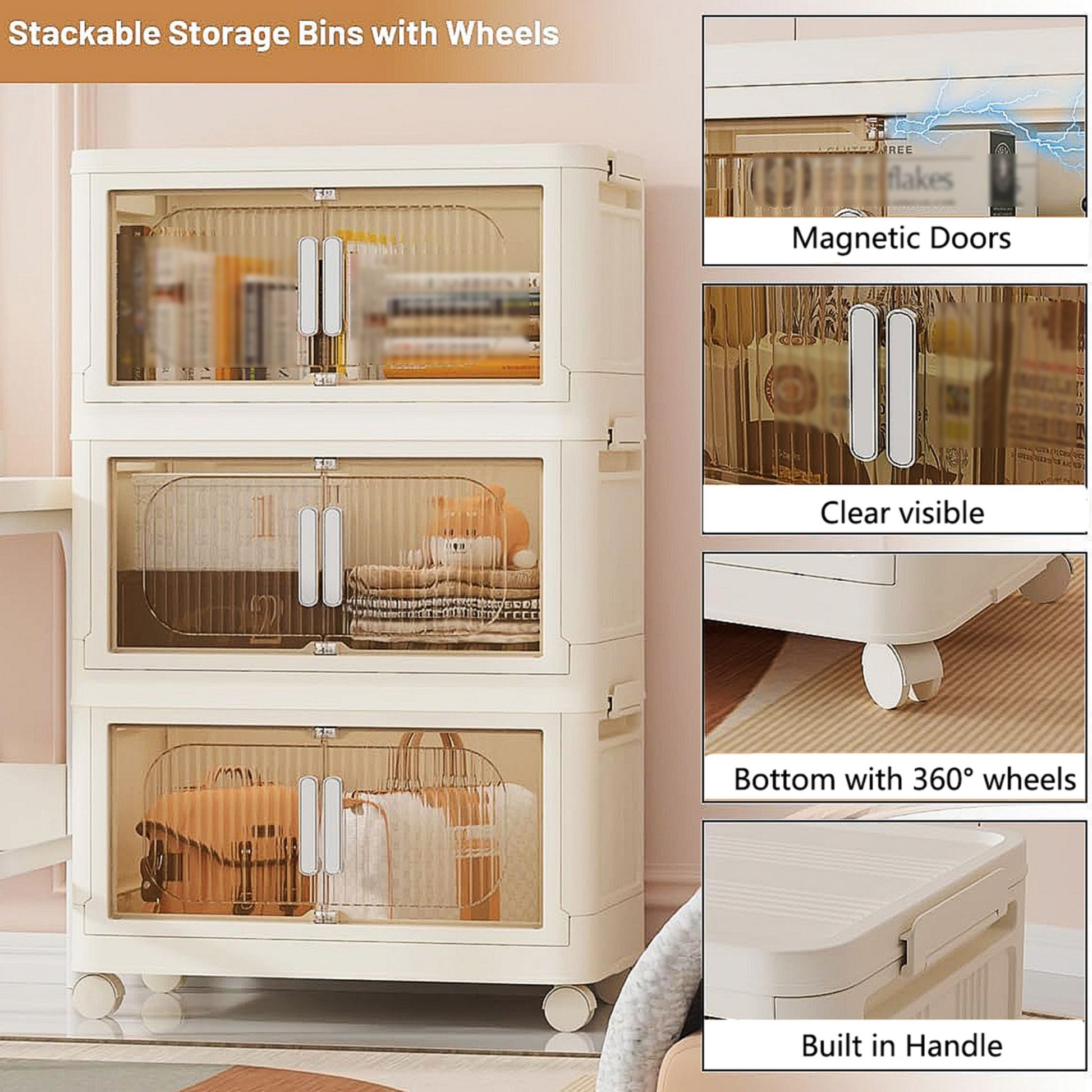 19.69" Side Wide Folding Storage Cabinet ,3 Tiers,19.69" 11.81" 31.1",Collapsible Storage Bins With Magnetic Door, Plastic Storage Cabinet With Wheels, Closet Organizers And Storage Containers Cream