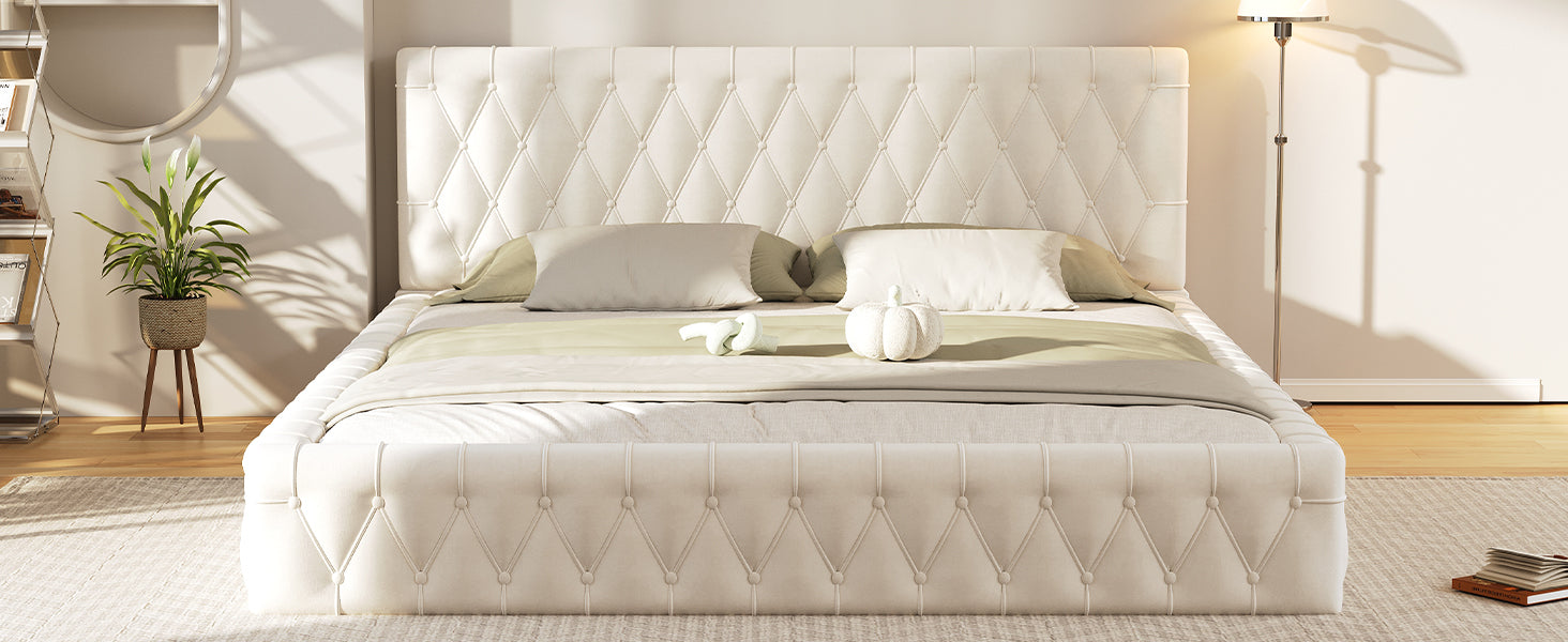 Queen Size Upholstered Bed With Tufted Headboard, Modern Velvet Platform Bedno Box Spring Required, White Queen White Solid Wood Mdf