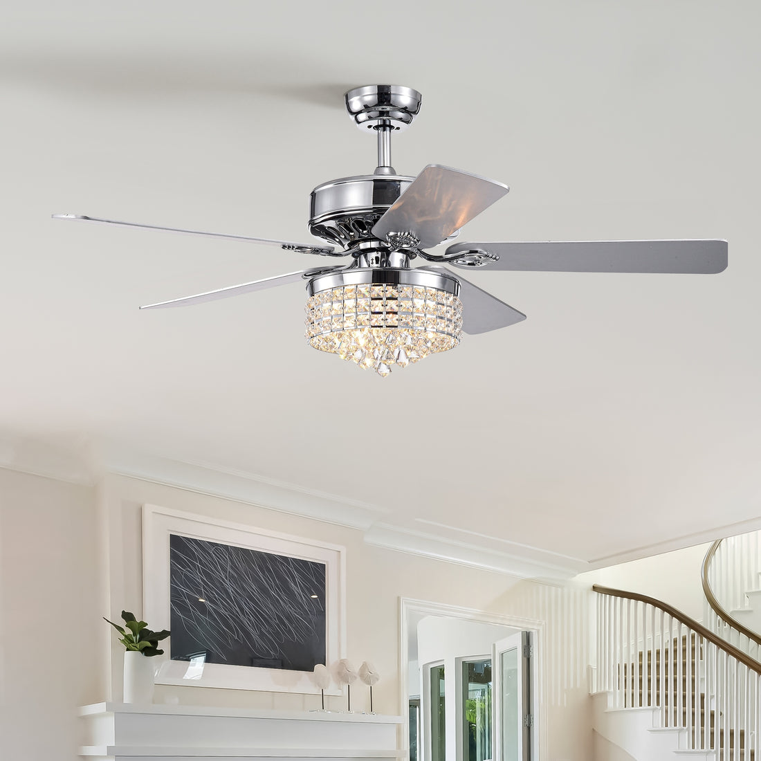 52Inch Crystal Ceiling Fan With Lights, 5 Wood Bladesmodern Fandelier Ceiling Fan With Noiseless Motor, Chandelier Fan With Remote For Bedroom,Living Room Chrome3*G9 Bulb Chrome American Design,American Traditional,Antique,Farmhouse,Industrial Plywood