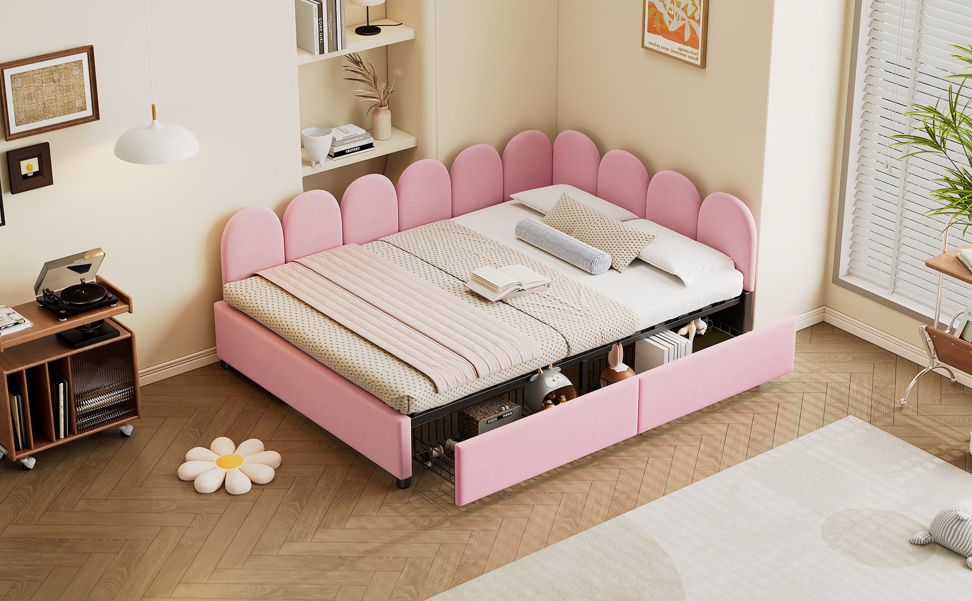 Full Size Upholstered Daybed With 2 Drawers,Velvet Sofabed With Soft Fabric Headboard, No Box Spring Needed, Pink Full Pink Wood Fabric