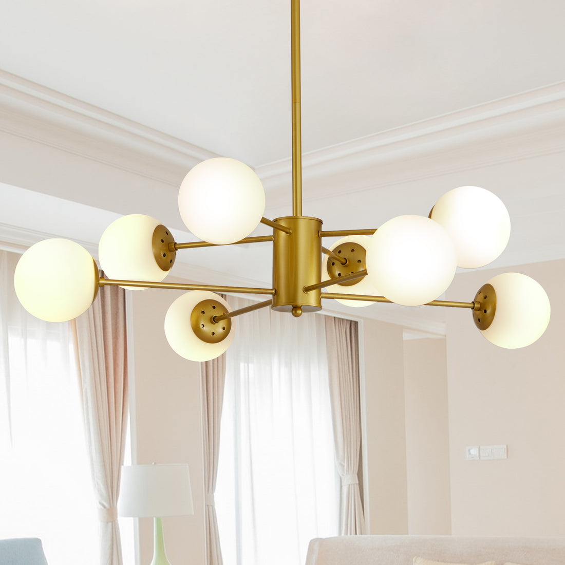 Modern 8 Light Gold Chandelier With White Glass Globe Shades, Mid Century Branching Design, Elegant Ceiling Light Fixture For Dining Room, Living Room, Or Bedroom No Bulbs Golden Glass,Iron