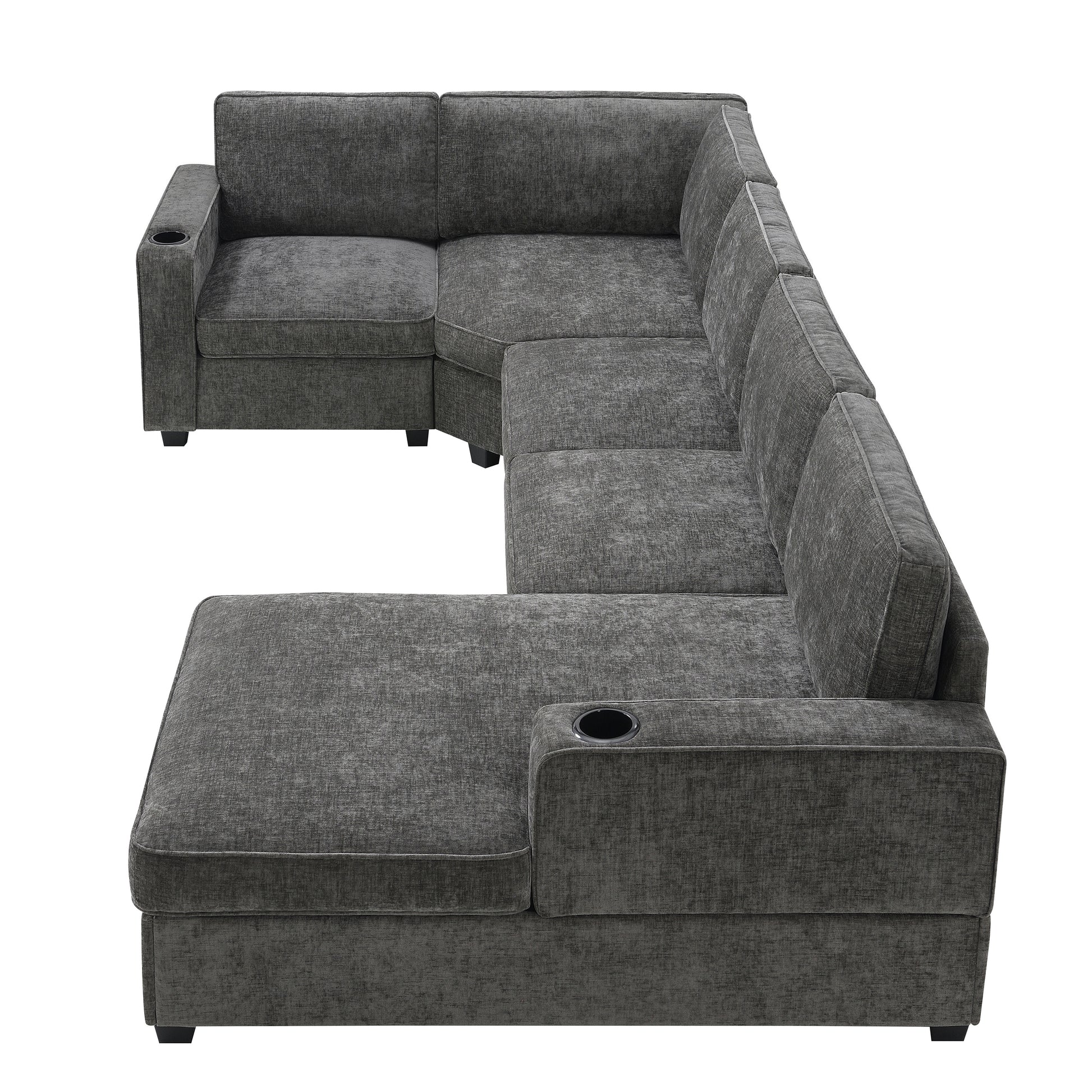 119*67" U Shaped Sectional Sofa,6 Seat Chenille Couch Set With Oversized Chaise Lounge,Irregular Corner,Deep Seat Comfy Sofa With Cup Holders For Living Room,Apartment,2 Colors Dark Gray Chenille 6