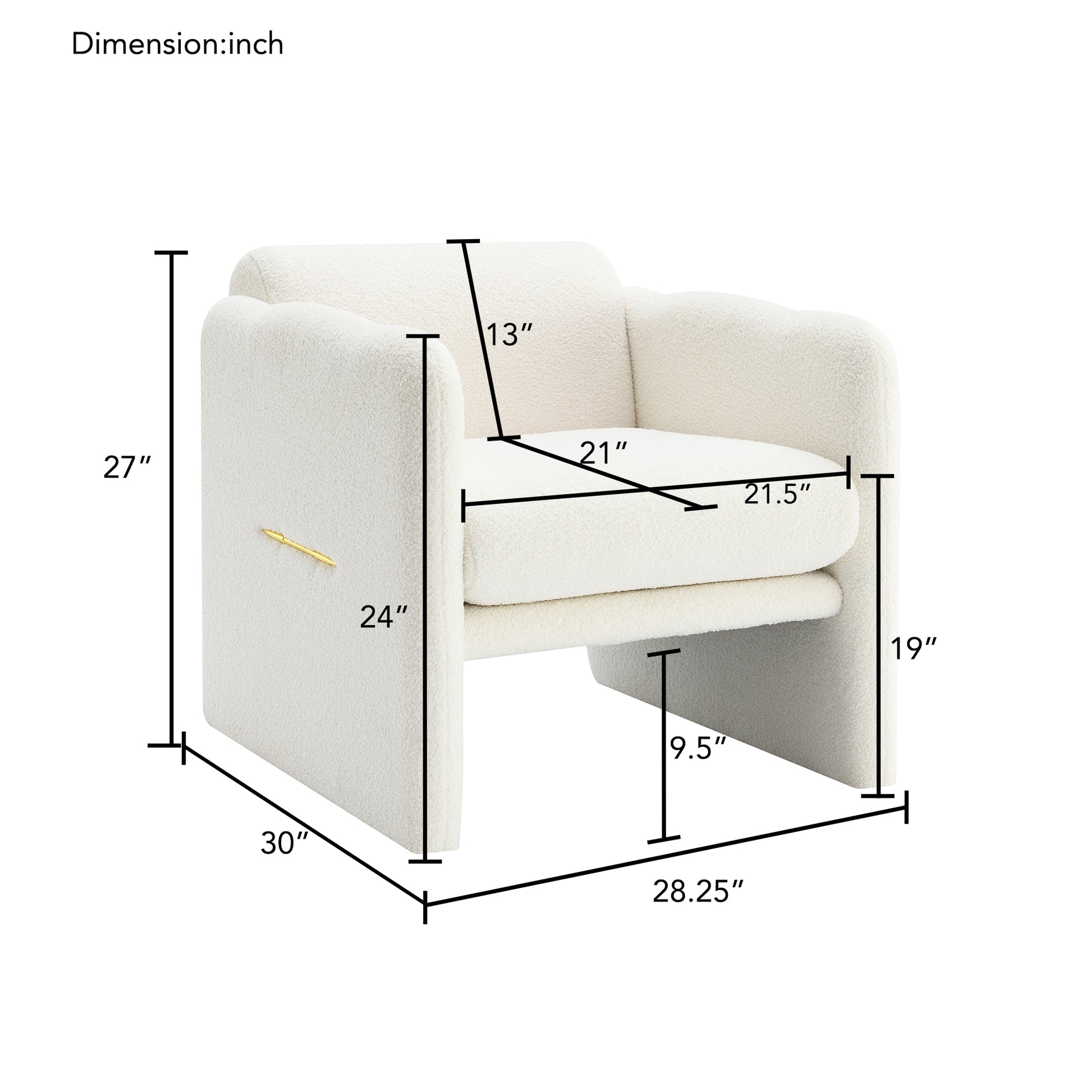 Arm Chair With Waved Arms, Metal Decoration On Both Side Arms, Accent Chair For Primary Living Space, Living Room, Bedroom,Teddy Fabric, White White Primary Living Space Modern Foam Plywood
