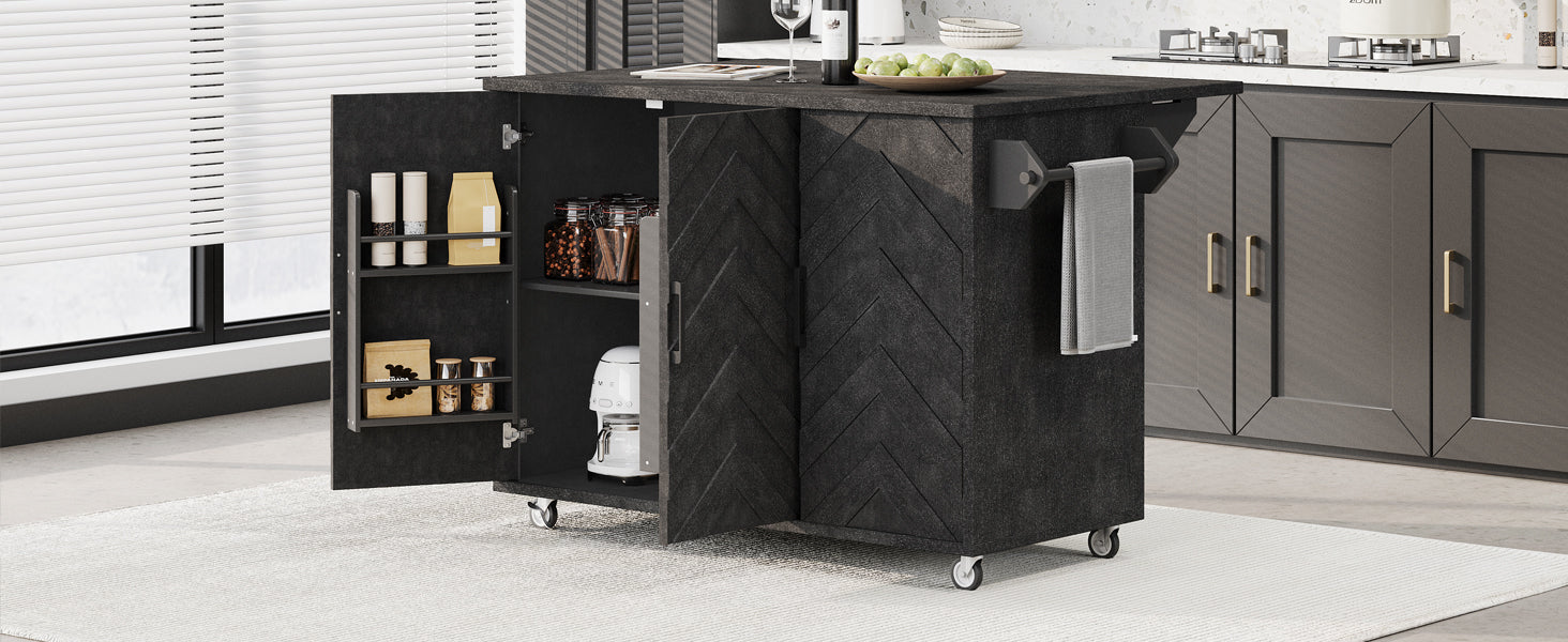 K&K 51.2"W 3D Wave Stripes Ash Veneer Not Cheap Paper Kitchen Island With Drop Leaf, Farmhouse Kitchen Island On Wheels With Internal Storage Rack, Rolling Kitchen Cart Black Black Brown Kitchen