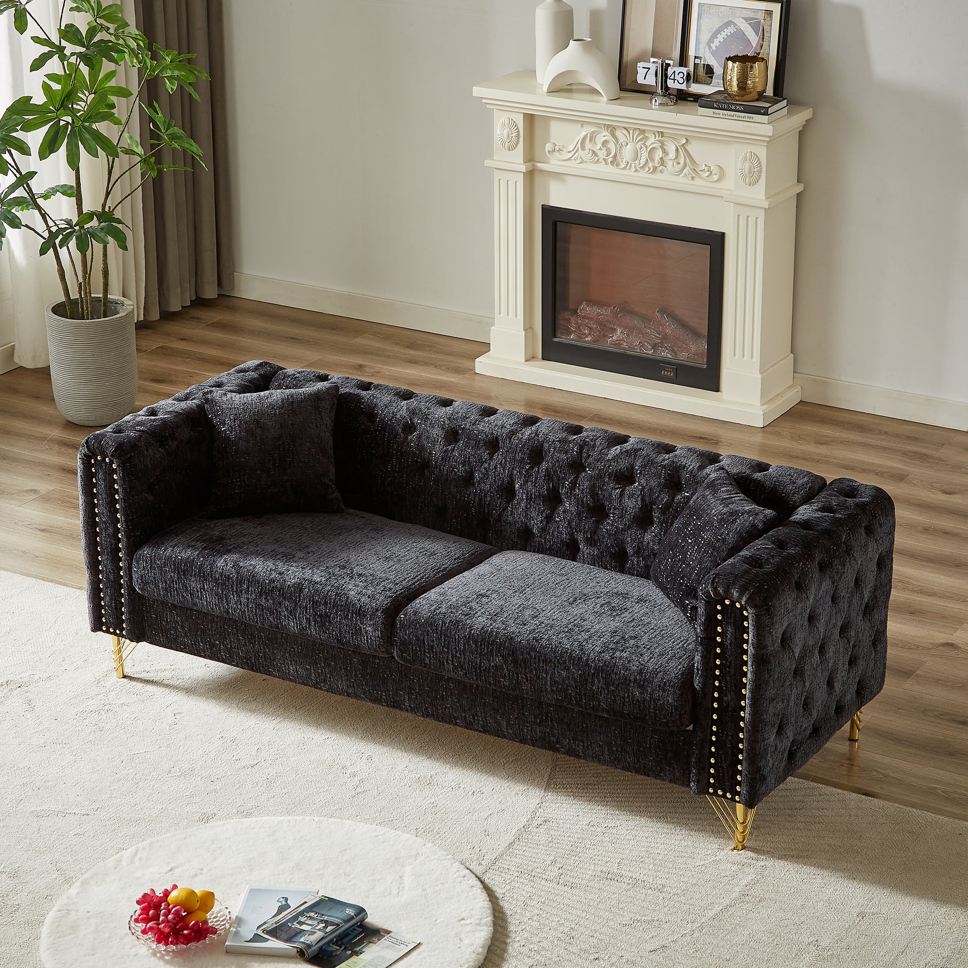 82 Inch Chenille Pull Buckle Design Sofa For Living Room,Buttons Tufted With Copper Nail Decoration Armrest, Modern Couch Upholstered Button And Metal Legs Black Foam Chenille 3 Seat