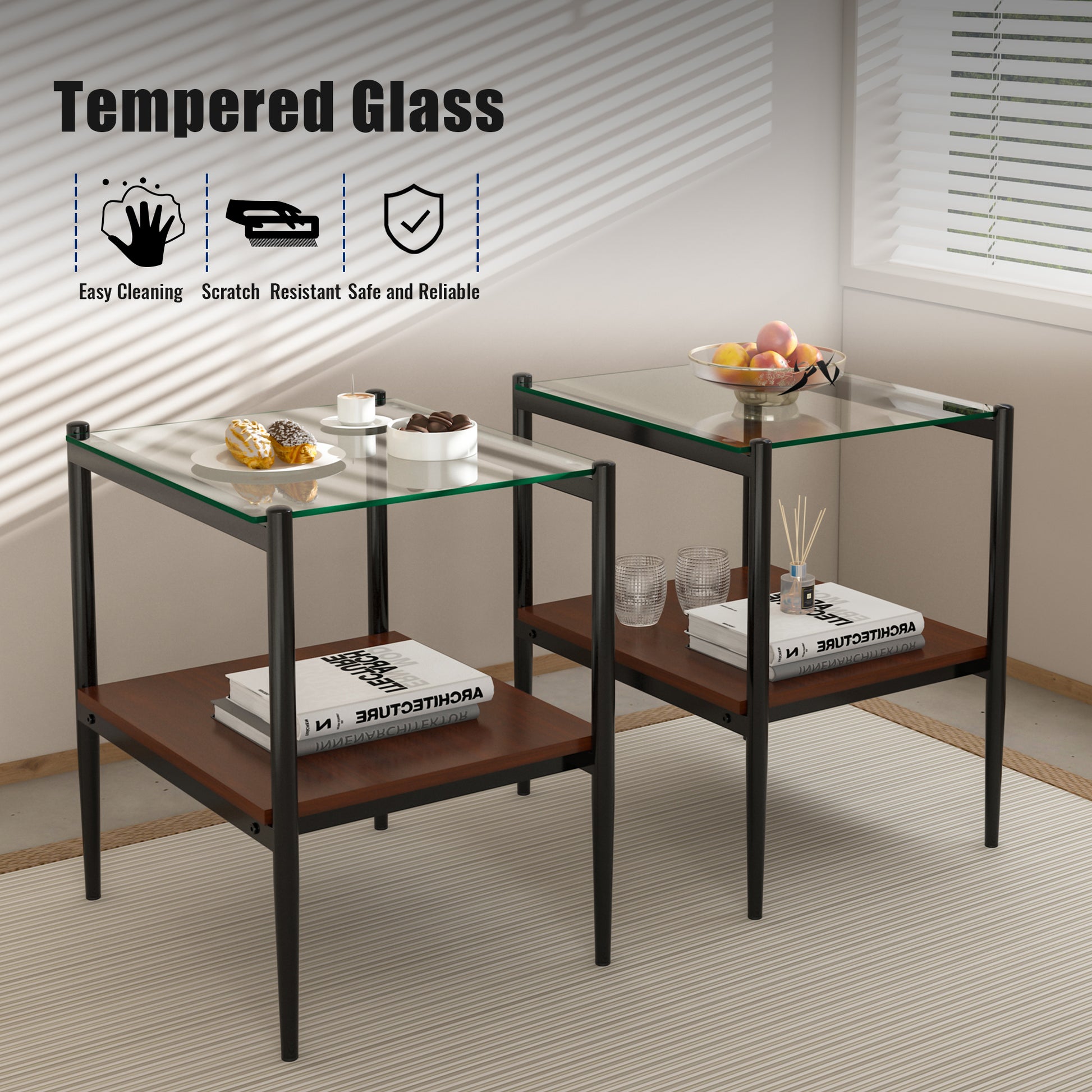 Set Of 2 Rectangle End Table, Tempered Glass Tabletop With Mdf Layer, Modern Table For Living Roomtransparent Glass Transparent Tempered Glass