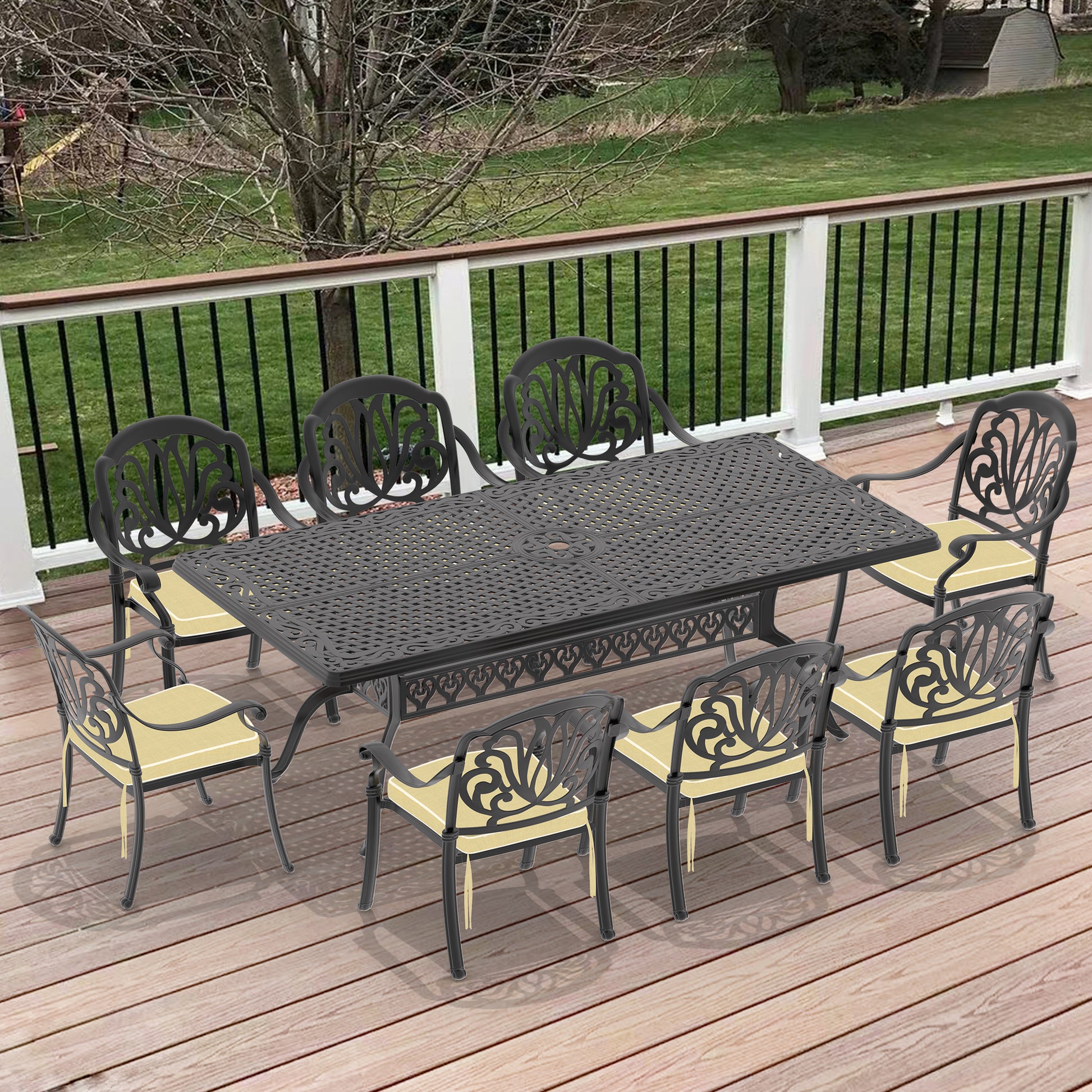 Cushions In Random Colors 9 Piece Set Of Cast Aluminum Patio Furniture With Cushions Yes Dining Set Black Seats 8 Rust Resistant Frame Water Resistant Cushion Garden & Outdoor Complete Patio Sets Aluminium