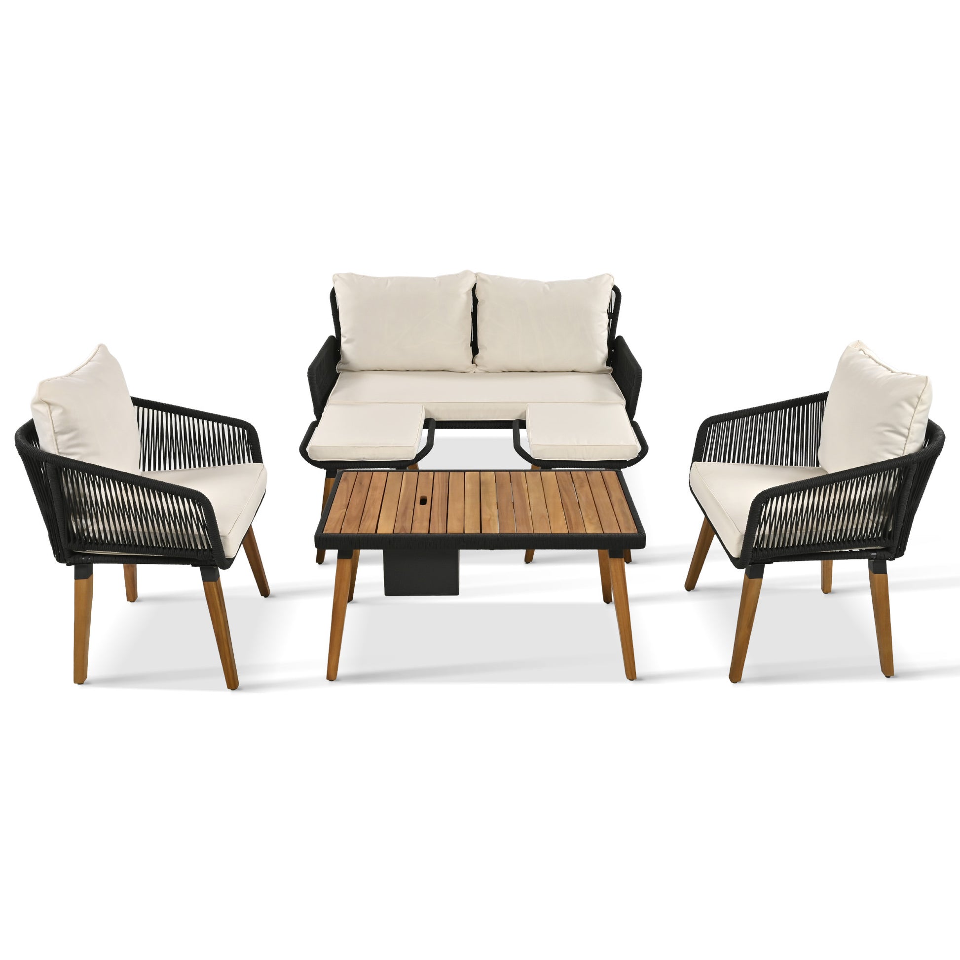 K&K 6 Piece Rope Patio Furniture Set, Outdoor Furniture With Acacia Wood Cool Bar Table With Ice Bucketdeep Seat Patio Conversation Set With Two Stools For Backyard Porch Balcony Black & Beige Yes Complete Patio Set Beige Black Seats 6 Weather Resistant