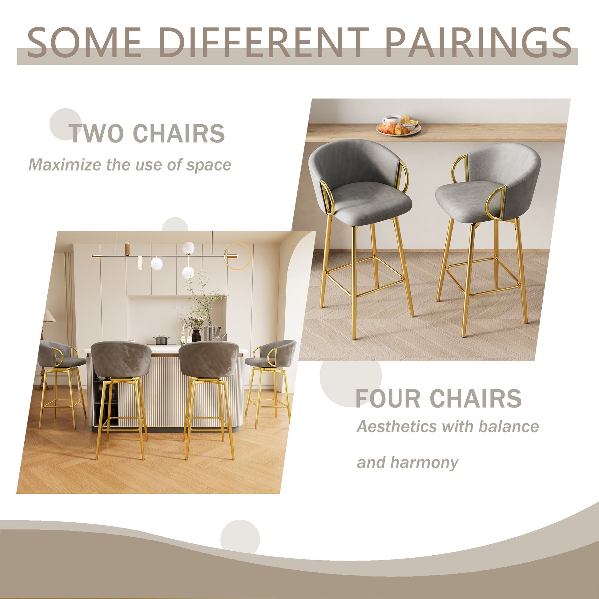 30 Inch Dining Chairs Set Of 2 Modern Style 360 Swivel Bar Chairs With Simple Design, Comfortable High Stools, And Flexible Dining Chairs Suitable For Bars, Restaurants,Velvet Bar Chair Beige Grey