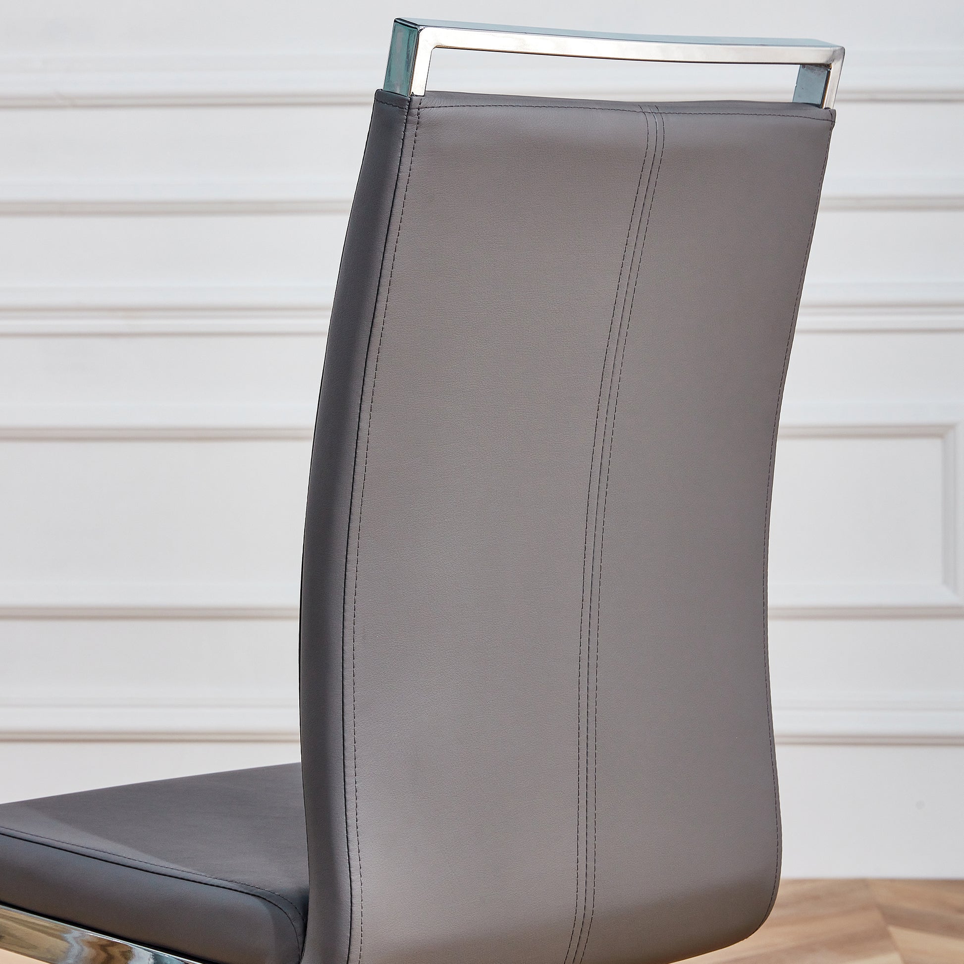 Table And Chair Set. Large Modern Rectangular Table With Glass Top And Silver Metal Legs. Furnished With Soft And Comfortable Pu Chairs With Faux Leather Upholstered Seats And Silver Metal Legs. Gray Silver Seats 6 Glass Metal