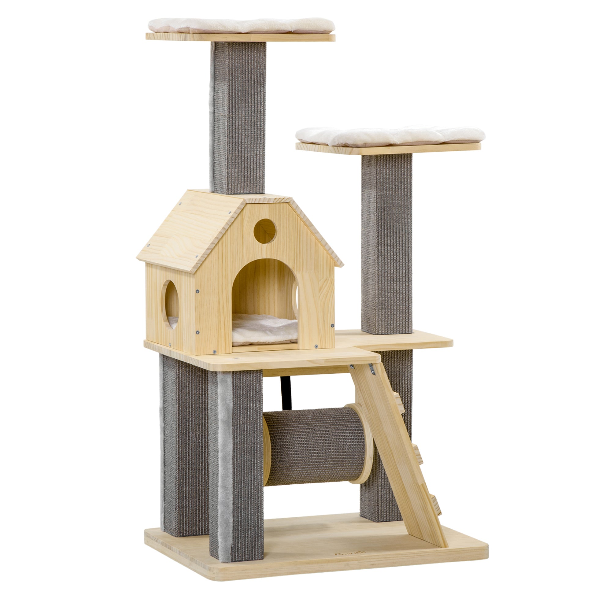 Pawhut Cozy House Cat Tree For Indoor Cats With Pillow Covered Perches, Spinning Toy, Modern Climbing Activity Cat Tower With Scratching Posts, Cat Condo, Ladder, Natural Natural Wood Pine