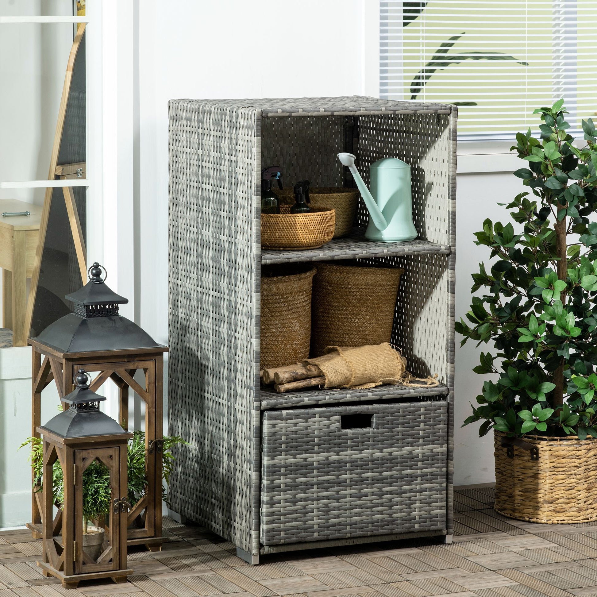 Outsunny Valet Pool Towel Rack, Waterproof Pe Plastic Rattan Wicker Storage Organizer, Indoor Outdoor Spa, And Hot Tub Accessory Storage, 2 Shelves, 1 Basket Drawer, Gray Grey Rattan