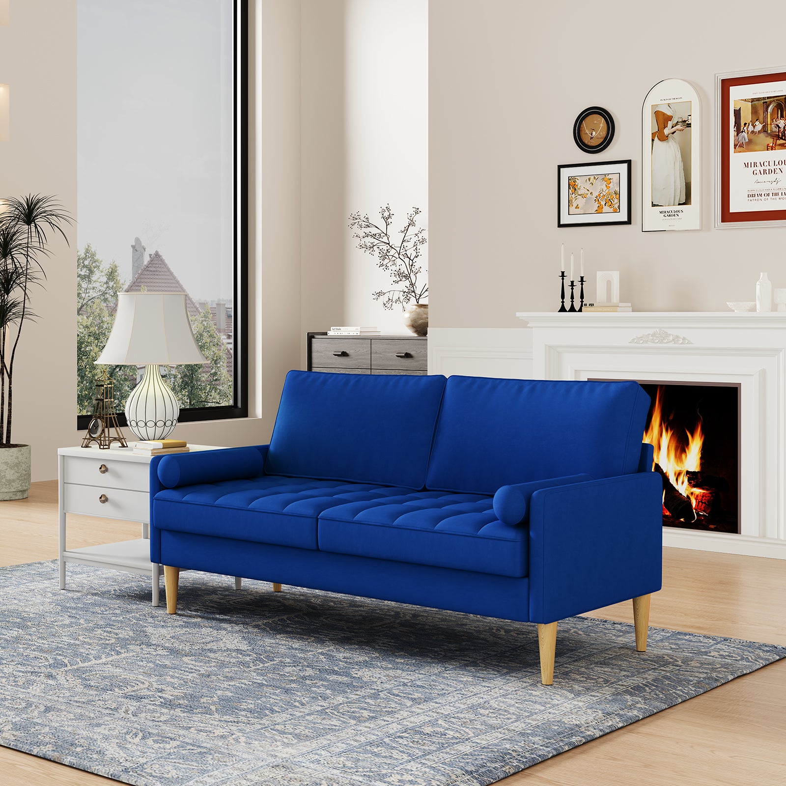Roma 67.7'' 3 Seater Sofa Couch For Living Room, Modern Sofa,Small Couches For Small Spaces,Upholstered 3 Seater Couch For Bedroom, Apartment, Home Office, Tool Free Assembly,Blue Blue Velvet Wood