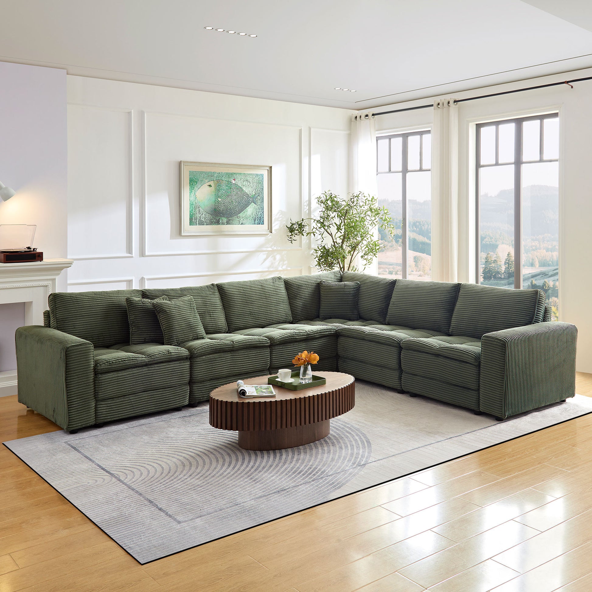 6 Seats,Oversized Sectional Sofa,L Shaped Corner Couch With Detachable Seat & Back Cushion, Corduroy Upholstery Convertible Sleeper Sofa&Couch For Living Room Green Fabric 6 Seat
