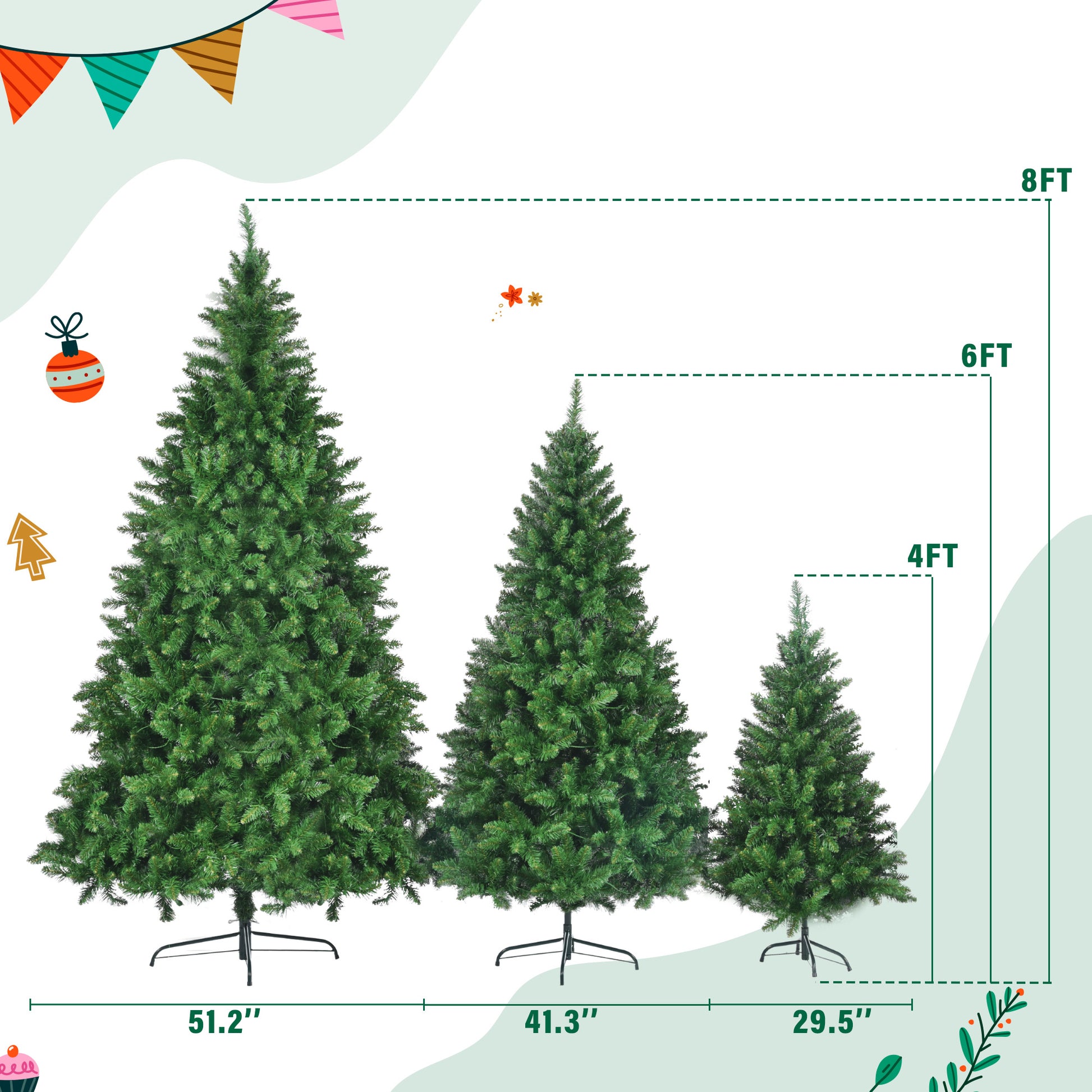 8Ft, 6Ft, 4Ft Pre Lit Green Pine Artificial Christmas Tree, Set Of 3 Hinged Xmas Trees With 820 Warm Yellow Led Lights And 2539 Branch Tips, Holiday Decoration For Home,Office And Party Green Pvc