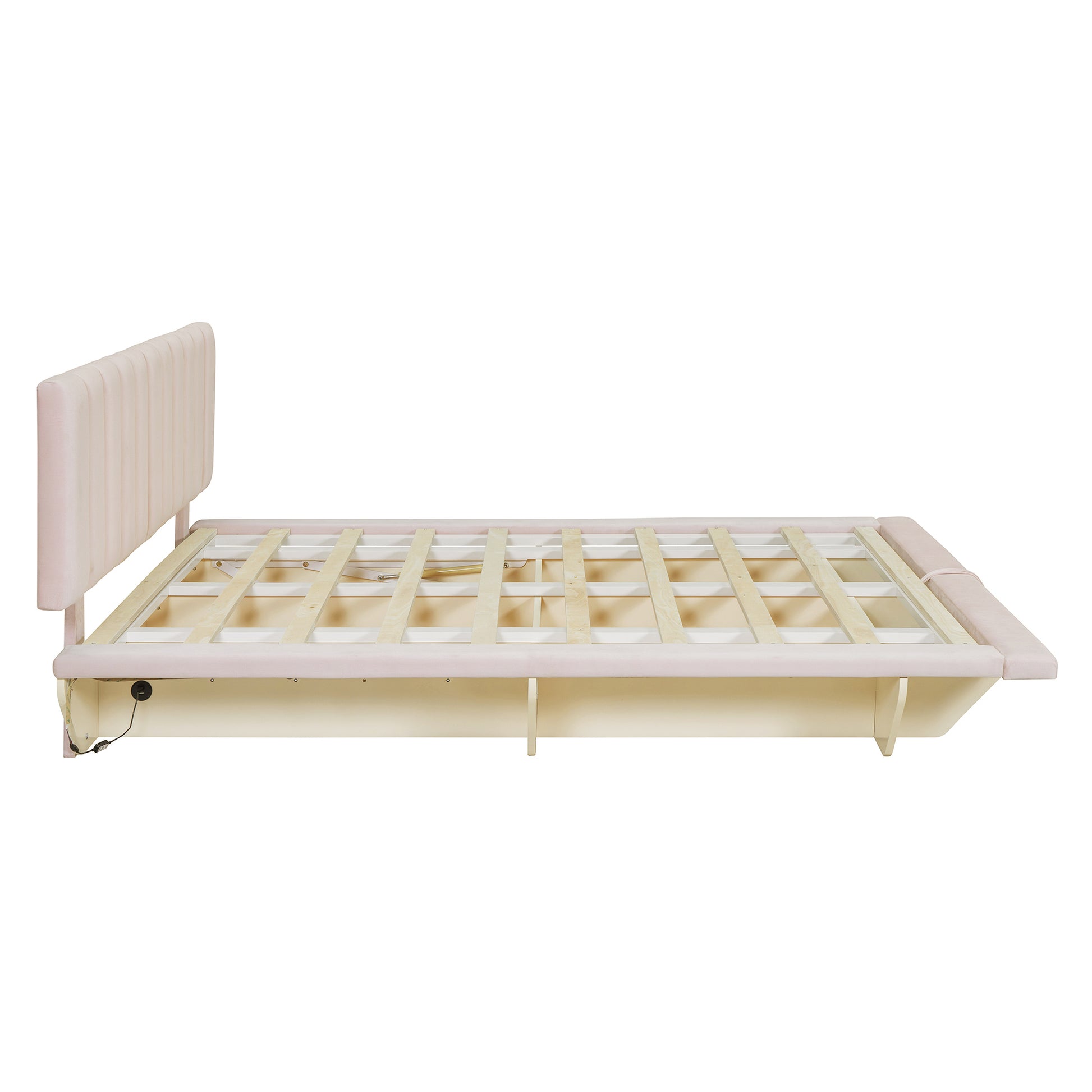 Queen Size Upholstered Floating Bed With Led Light And Usb Port, Velvet, Pink, Hydrualic Platform Bed Queen Pink Velvet
