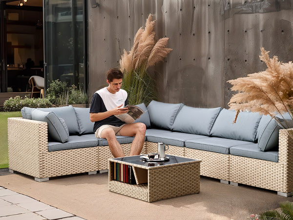 7 Piece Patio Furniture Set, All Weather Boho Outdoor Conversation Set Sectional Sofa With Water Resistant Grey Thick Cushions Beige Grey Metal