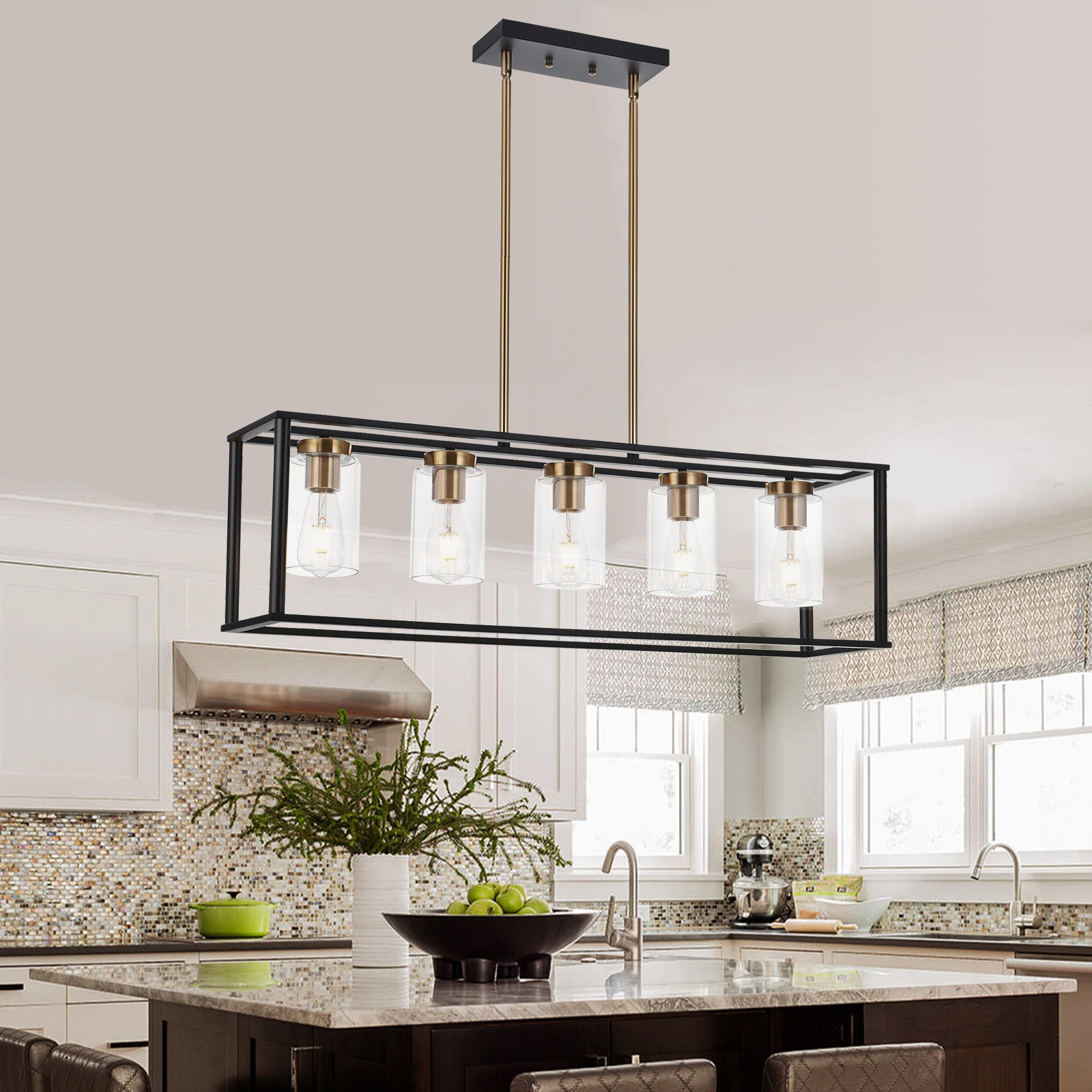 5 Lights Industrial Farmhouse Style Hanging Decorative Rectangle Pendant Lights, Black Antique Brass With Clear Glass Shade, Dining Room Kitchen Island Chandelier Antique Brass,Matte Black Ceiling