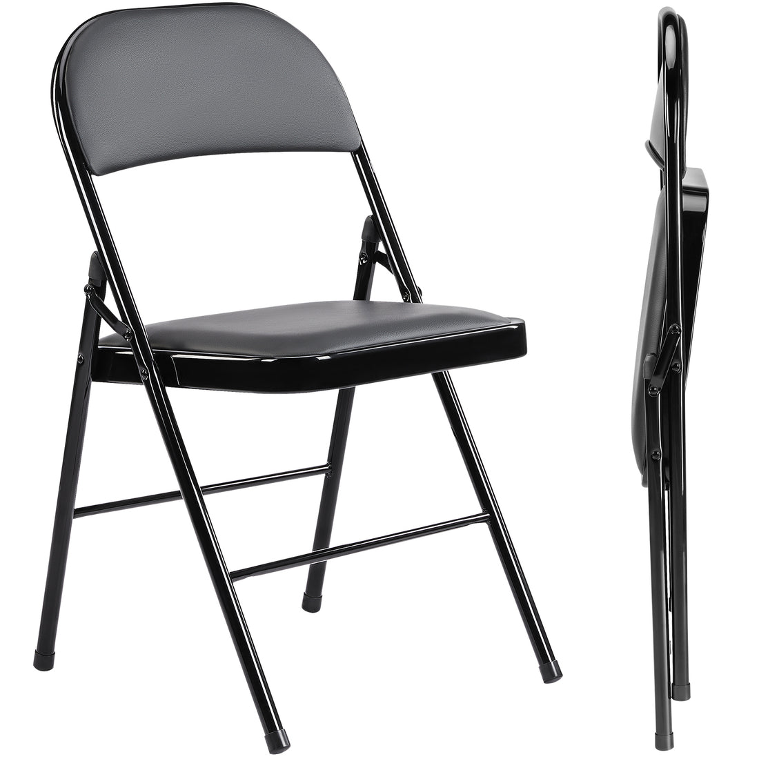 Folding Chair 2 Pack, Leather Padded Folding Chairs, Sturdy Metal Foldable Chairs, For Home, Office, Party, Black 2 Pack Black Stainless Steel