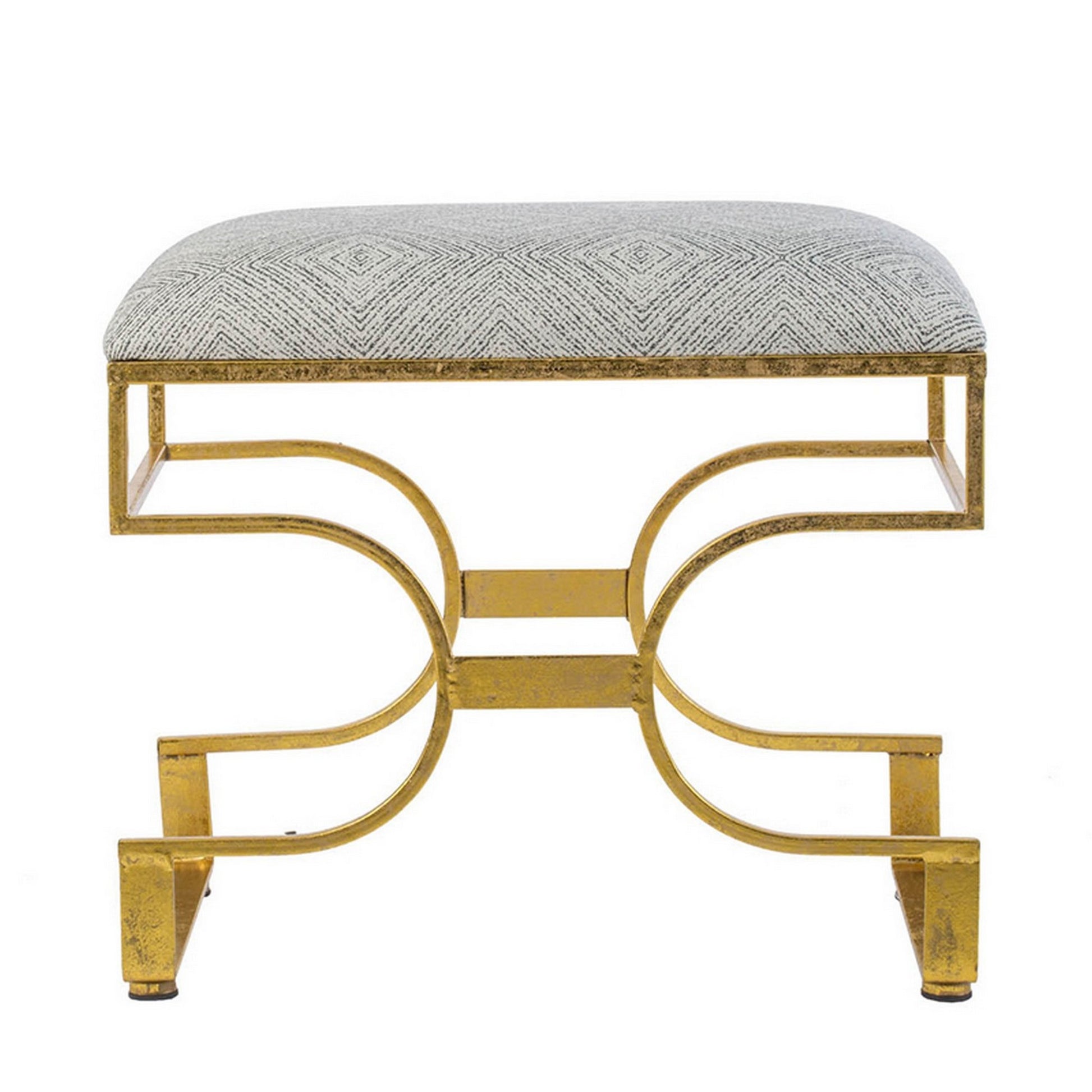 24 Inch Modern Ultra Padded Ottoman, Geometric Frame, Gray, Gold Patina Gray Iron