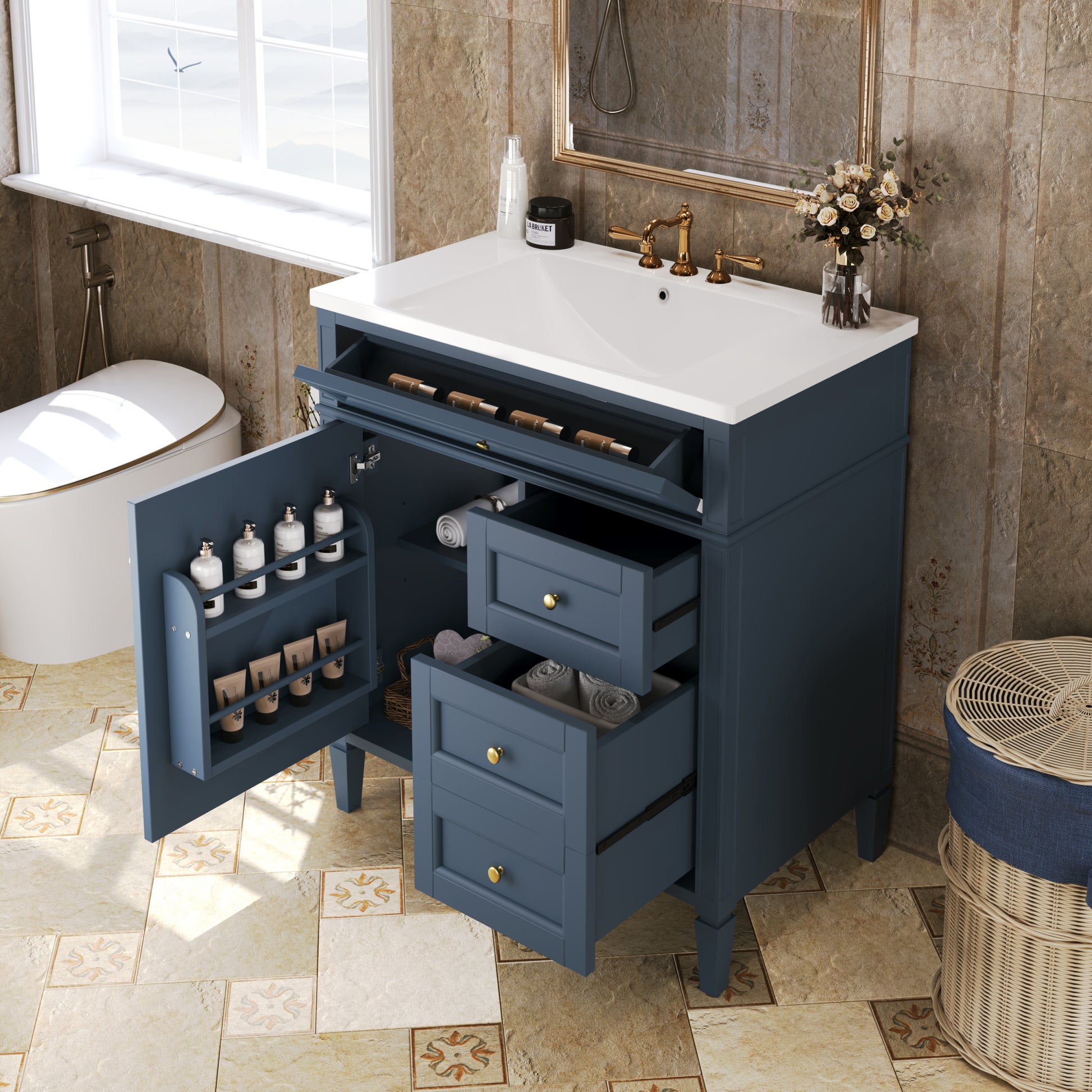 30'' Bathroom Vanity With Top Sink, Modern Bathroom Storage Cabinet With 2 Drawers And A Tip Out Drawer, Single Sink Bathroom Vanity 3 Blue 1 2 Adjustable Hinges Bathroom Freestanding Modern Solid Wood Mdf Resin Painted