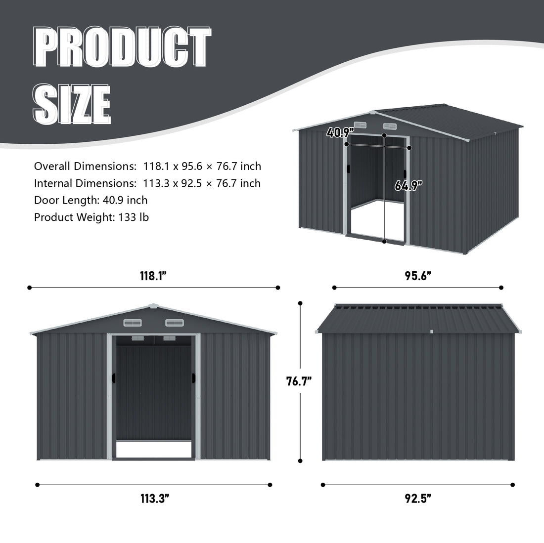 Outdoor Storage Shed 8 X 10 Ft Large Metal Tool Sheds, Heavy Duty Storage House With Sliding Doors With Air Vent For Backyard Patio Lawn To Store Bikes, Tools, Lawnmowers Grey Grey Rectangular None