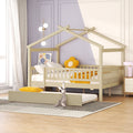 Full Size Wooden House Bed With Twin Size Trundle, Natural Full Natural Solid Wood Mdf