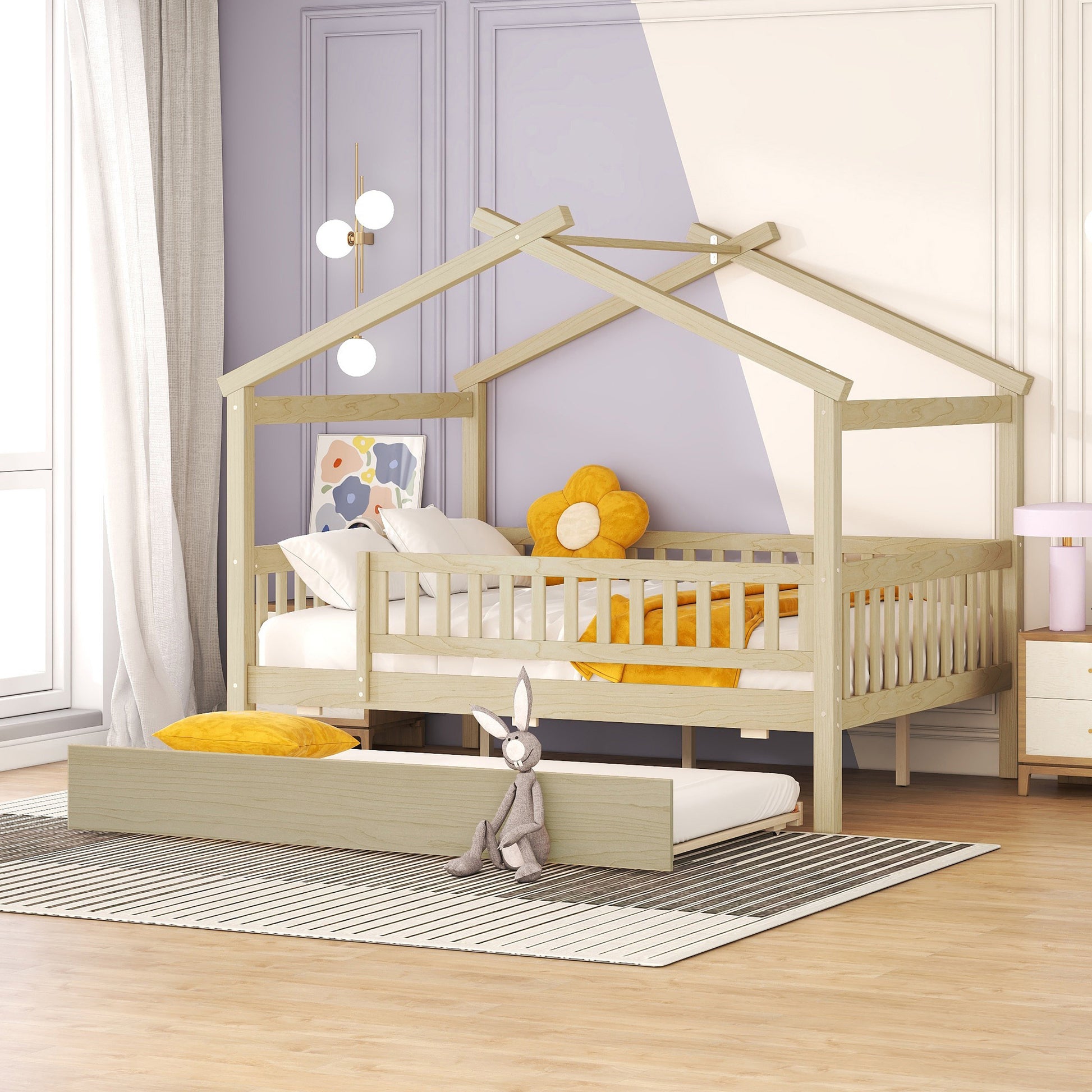 Full Size Wooden House Bed With Twin Size Trundle, Natural Full Natural Solid Wood Mdf